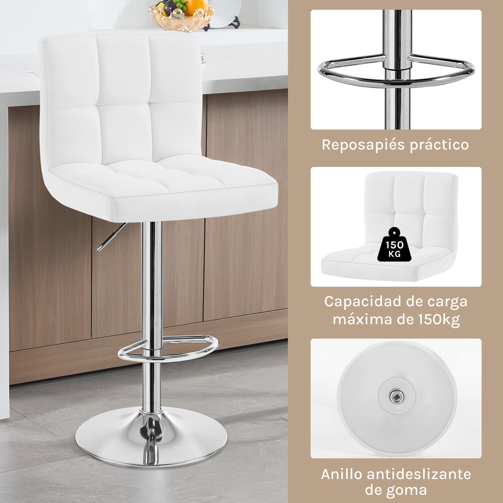 WOLTU Taburete de Bar Giratorio con Respaldo y Reposapies, Blanco | con Reposapiés, para Comedor, Salón y Cafetería