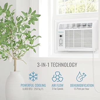 Keystone 6,000 BTU Window Mounted Air Conditioner & Dehumidifier, 115V | 115V, Dehumidifier, Smart Remote Control, for Rooms up to 250 Sq.Ft.