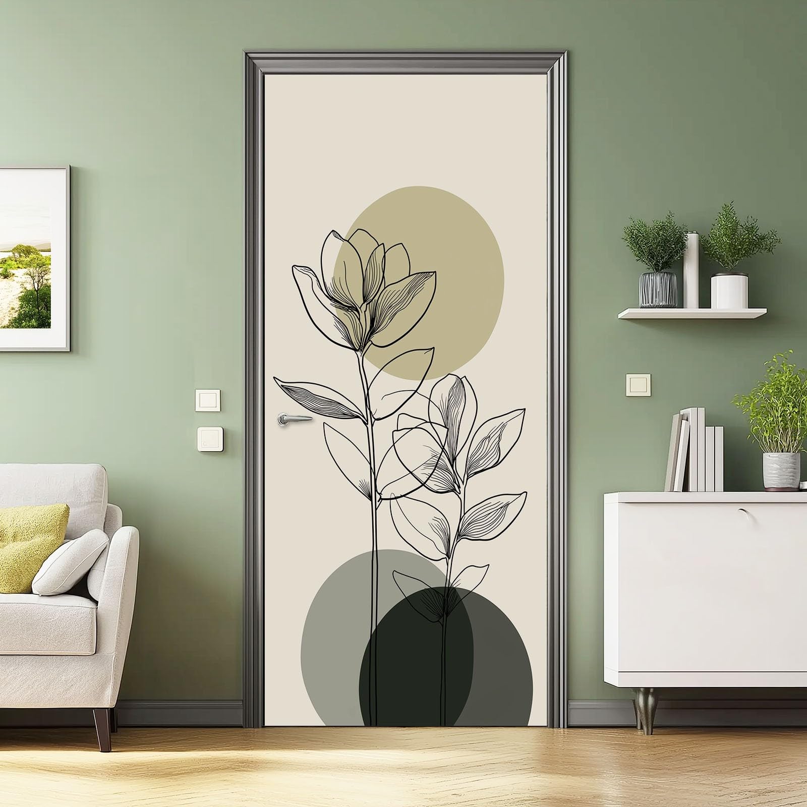 PVC Adhesivo Fotográfico Pegatina 95x215 cm Vinilos Decorativos para Puerta Pared Cocina Sala de Baño Plantas Abstractas Círculos, Verde Claro