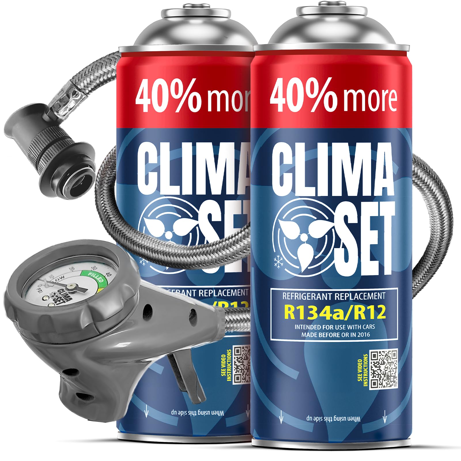 CLIMASET - Kit de Recarga de Aire Acondicionado para Coche - 2X Gas y Aceite sustituto R134a + Manguera - para vehículos de 1994 a 2016, Manguera Moderna y fácil de Usar, manómetro