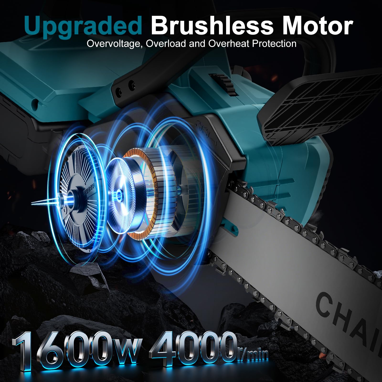 Motosierra eléctrica con batería de 16 pulgadas con riel de 40 cm, para batería Makita de 18 V, motor sin escobillas de 1600 W, tensión de cadena sin herramientas y lubricación automática (sin batería