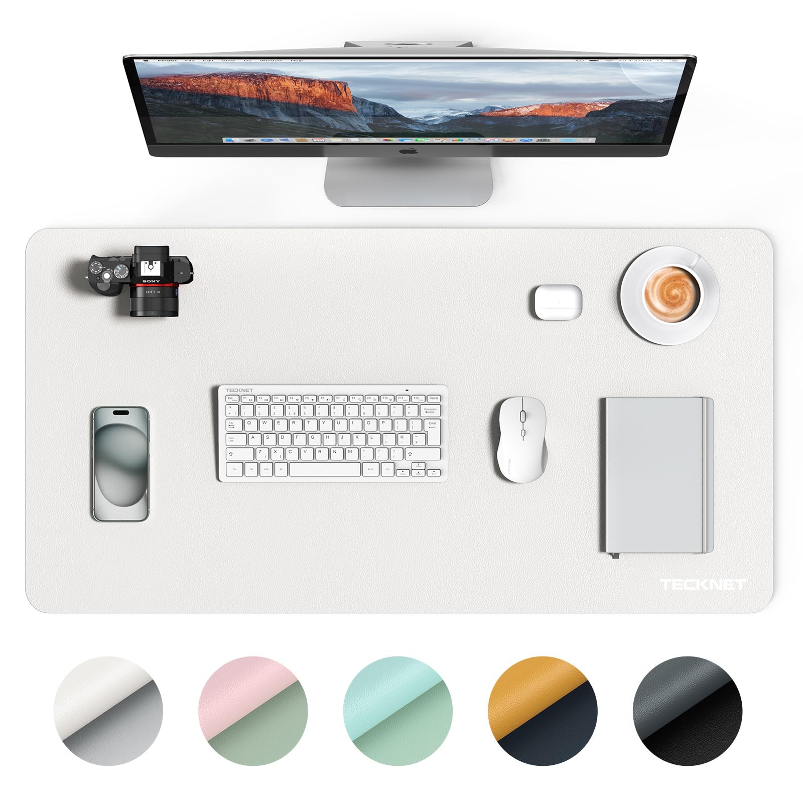 TECKNET Schreibtischunterlage, 80 x 40cm Großes Tischschutzpolster, wasserdichte Laptop-Schreibtischunterlage, PU-Leder Tischunterlage, Abwischbar Schreibunterlage für Büro/Zuhause (Weiß)