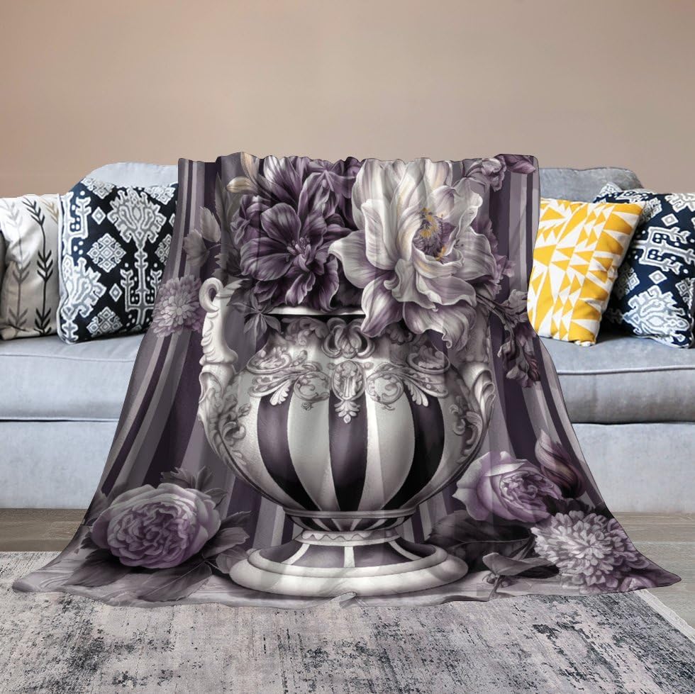 Couverture en micro polaire de flanelle douce motif fleurs vase