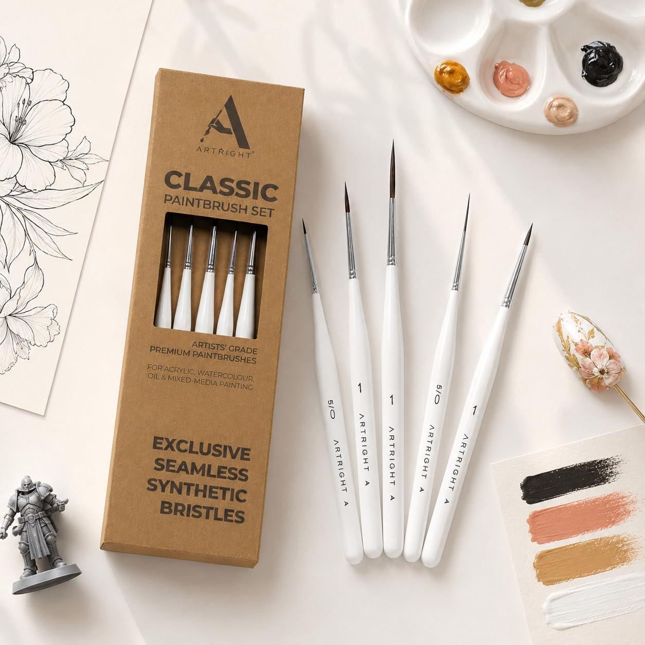 ArtRight Artist Detailing Synthetic Brush Set 5Pcs - Wooden Professional Painting Fine Liner Brush for Acrylic, Nail Art & Model Painting (3 Liner Brushes of Sizes #00000, 2 Precision Brushes of #1) 3