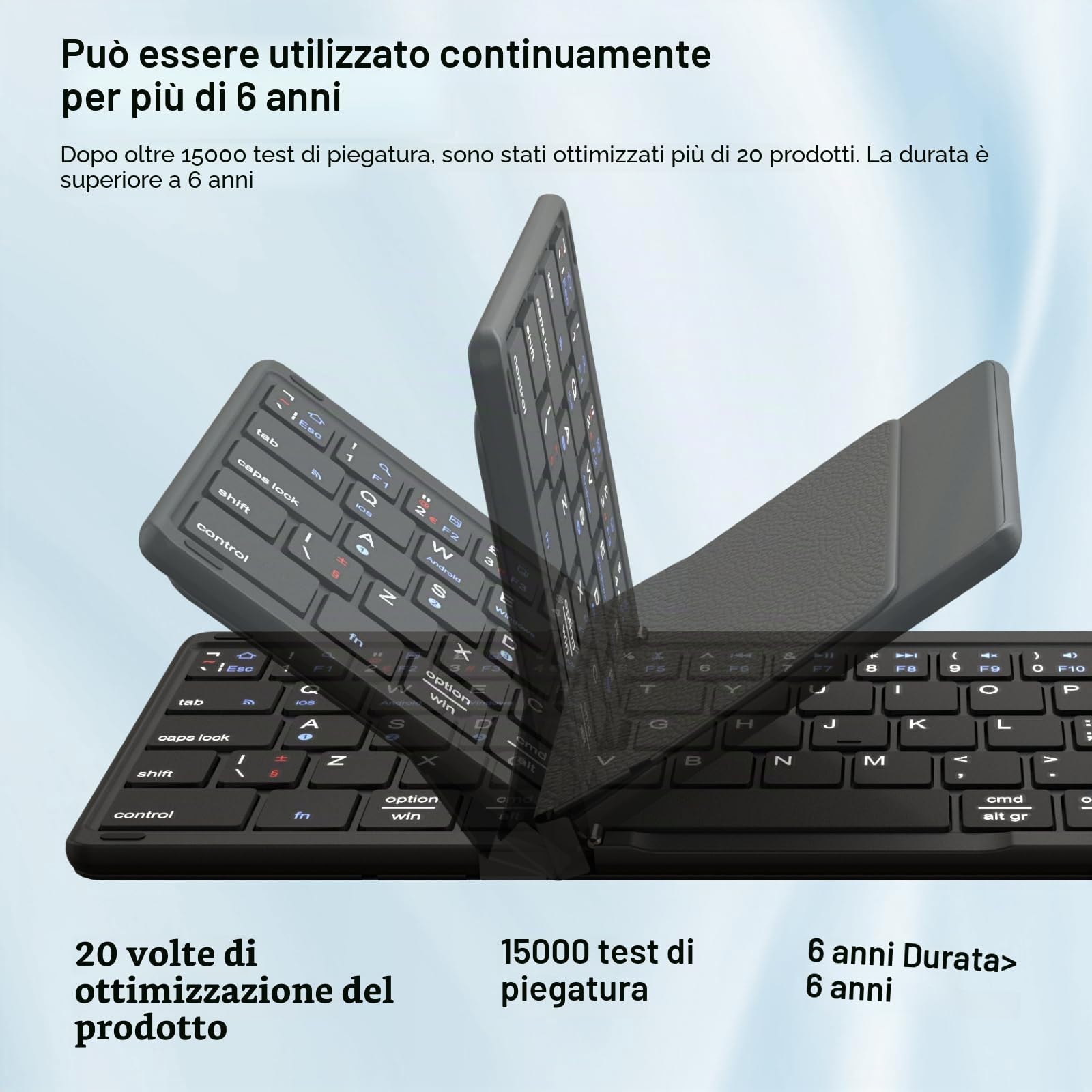 Tastiera Bluetooth pieghevole con touchpad, collega quattro dispositivi, connessione Bluetooth + cavo USB, QWERTZ tedesco con trackpad, per iOS, Android, Windows, laptop, PC
