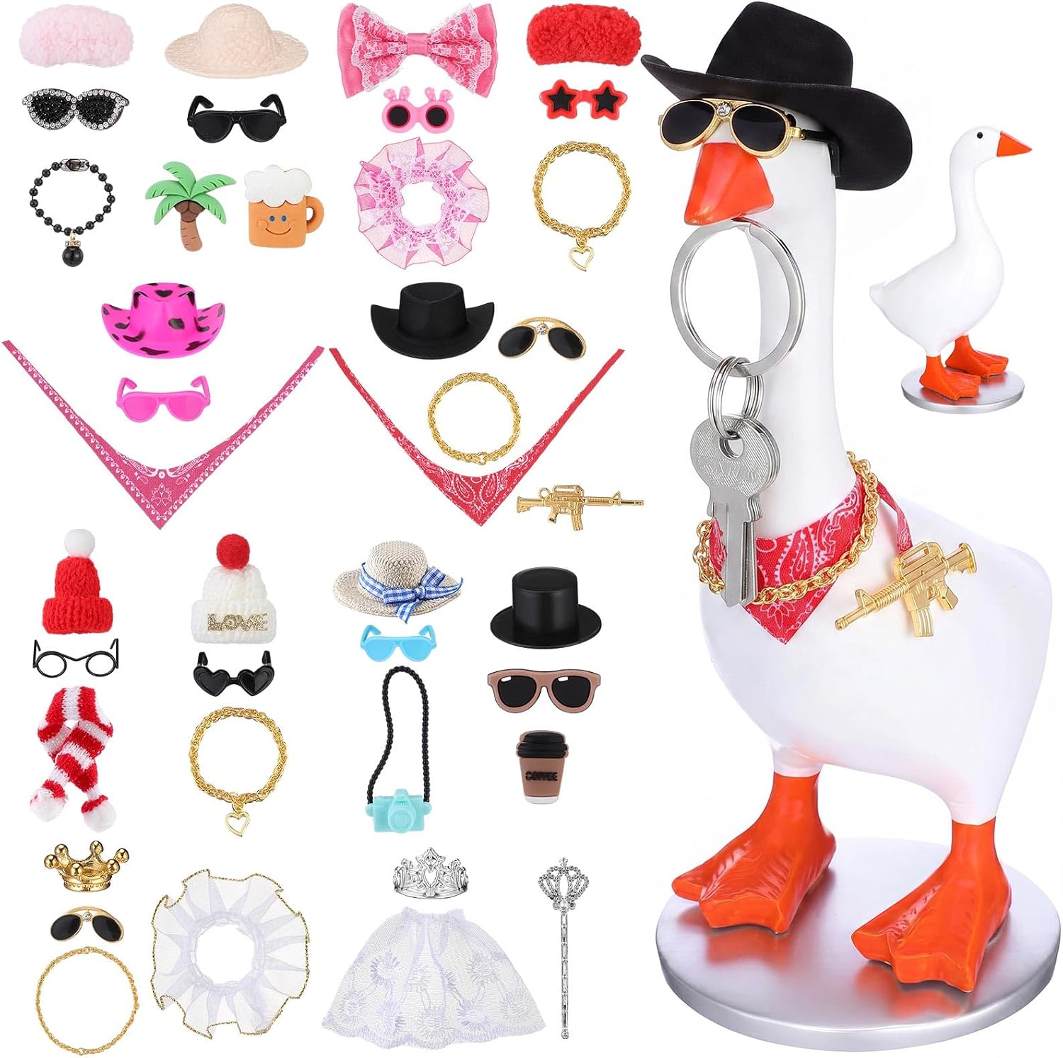 7 Inch Mini Magnetic Desk Goose Statue with 12 Sets Outfits, Resin Desktop Goose Decor Key Holder, Small Porch Desk Geese Accessories, Housewarming Gift for Home Office Bedroom
