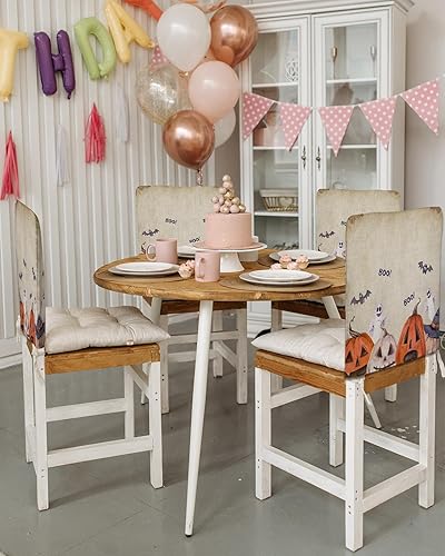 Miniatura 3 de Paquete de 4 fundas para respaldo de silla de Halloween para sillas de comedor, fantasma, calabaza, murciélago de terror, beige, lavable, elástico,