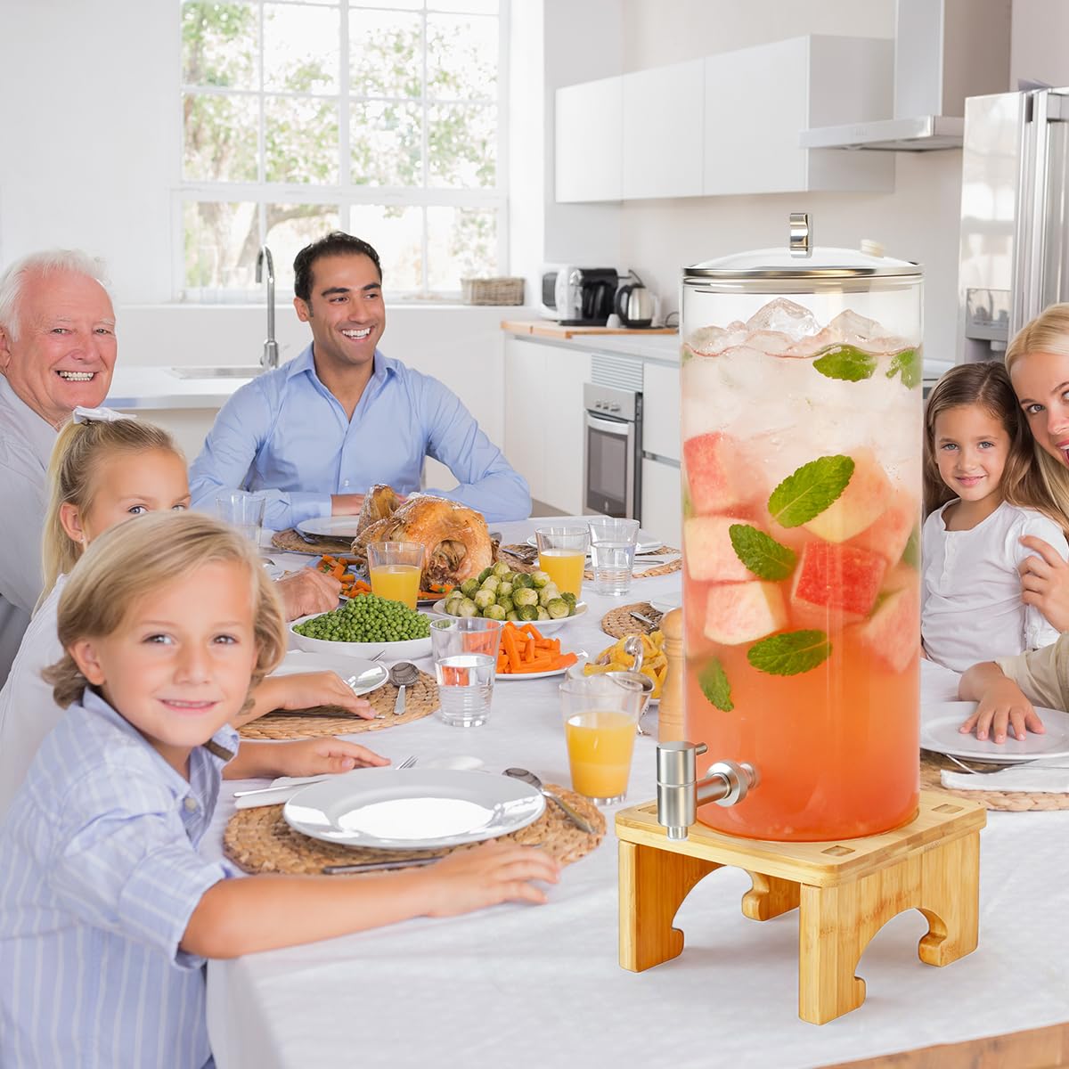 Dispenser di bevande da 7 litri con supporto, dispenser in vetro con rubinetto in acciaio inox massiccio per succhi ghiacciati, acqua, bevande fatte in casa, feste, matrimoni
