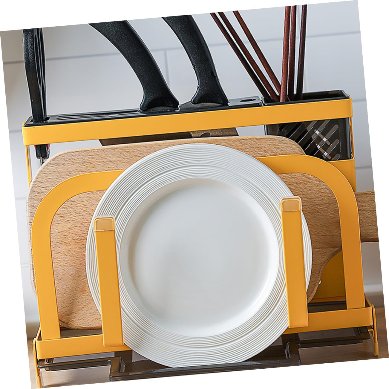 GLEAVI 1Pc Multifunctional Kitchen Rack Yellow Cutting Board Storage Shelf and Utensil Holder Space Saving Design with Slip Features for Home Restaurant and Party Use