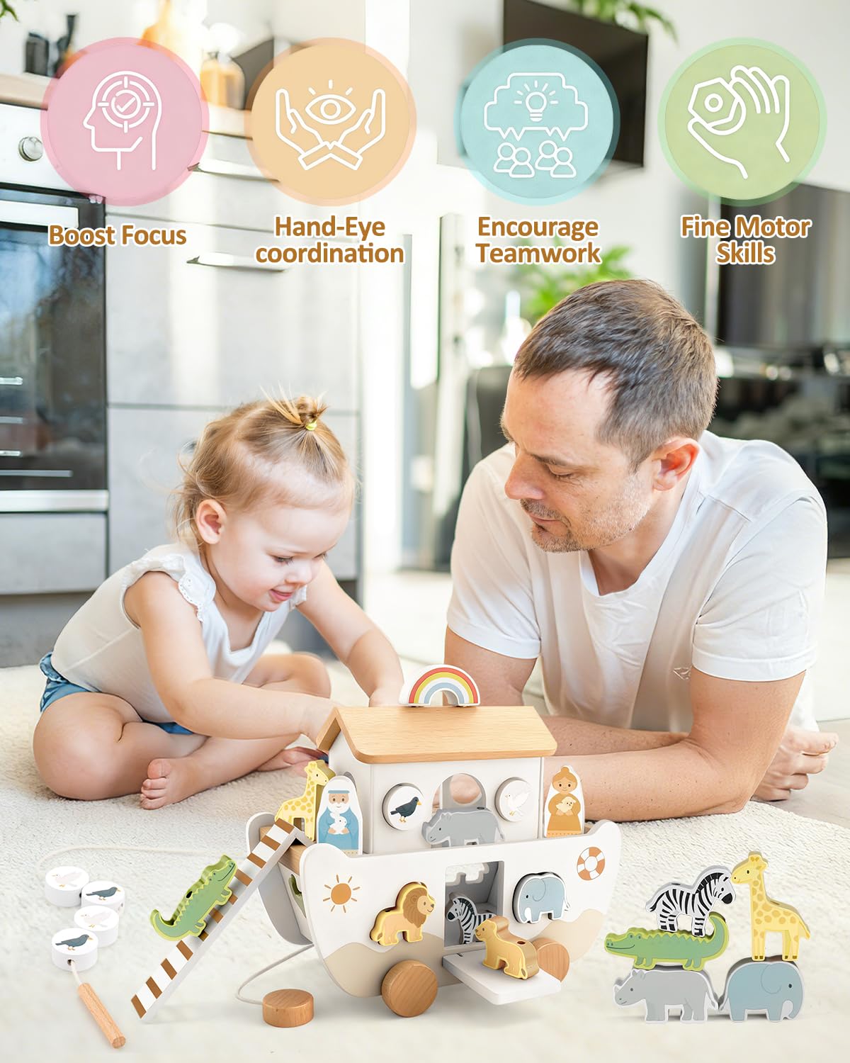 WoodsyJoy Wooden Noah’s Ark Toy for Toddlers 1-3, Baptism Christening Gifts for Boys Girls, Christian Toy Animal Shape Sorter, Baby Birthday — view 7