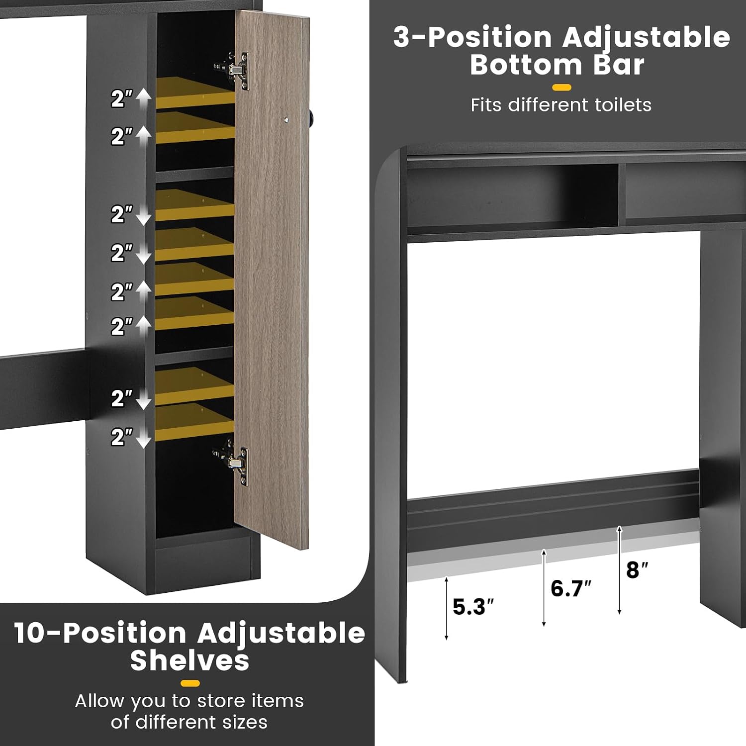 LOKO Over The Toilet Storage Cabinet, Freestanding Over Toilet Organizer with Open Shelves, Single Door Cabinet & Adjustable Shelves, Space-Saving Storage Rack for Bathroom, Laundry (Black)