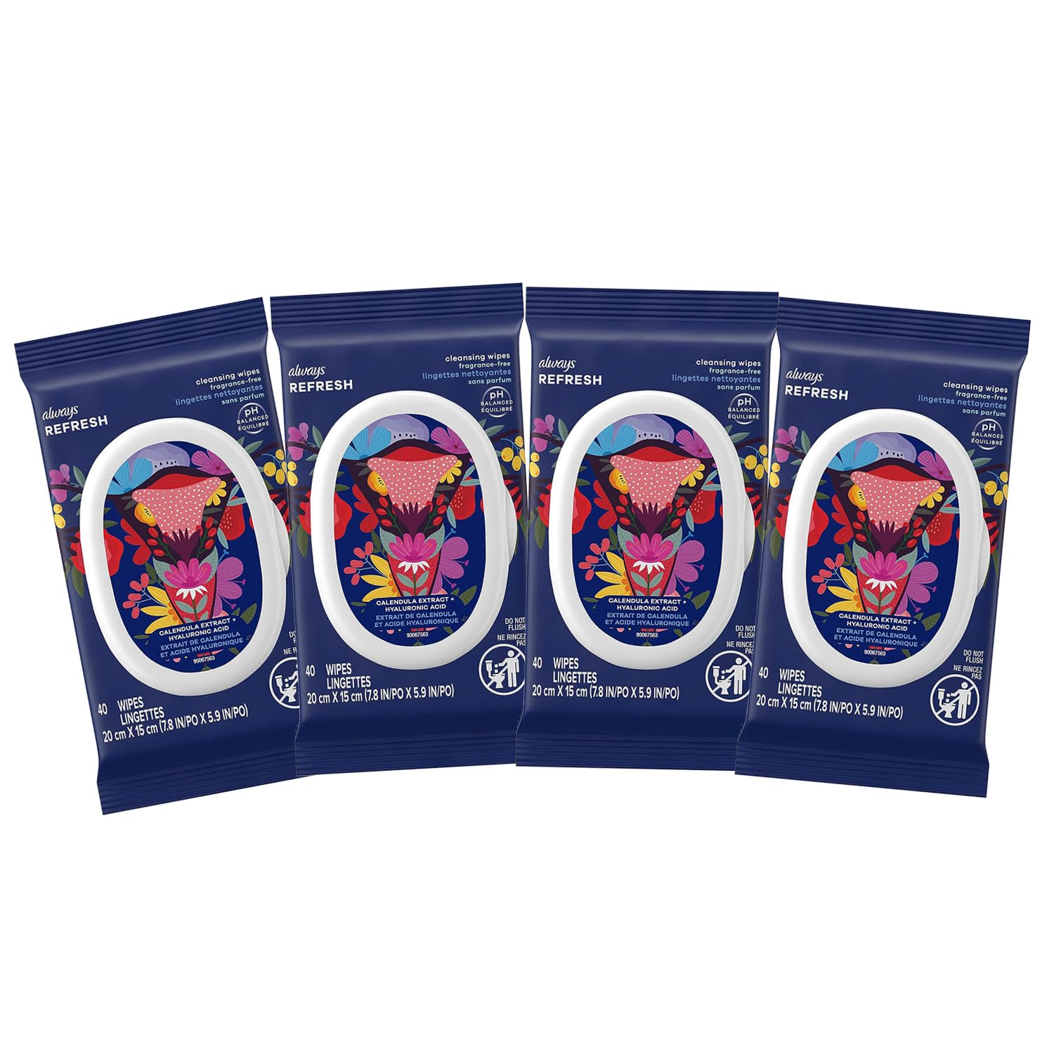 AlwaysRefresh, Cleansing Intimate Wipes For Women, Fragrance-Free, Ph Balanced For Skin, Calendula Extract + Hyaluronic Acid, 40 Count (Pack of 4, 160 Wipes Total)