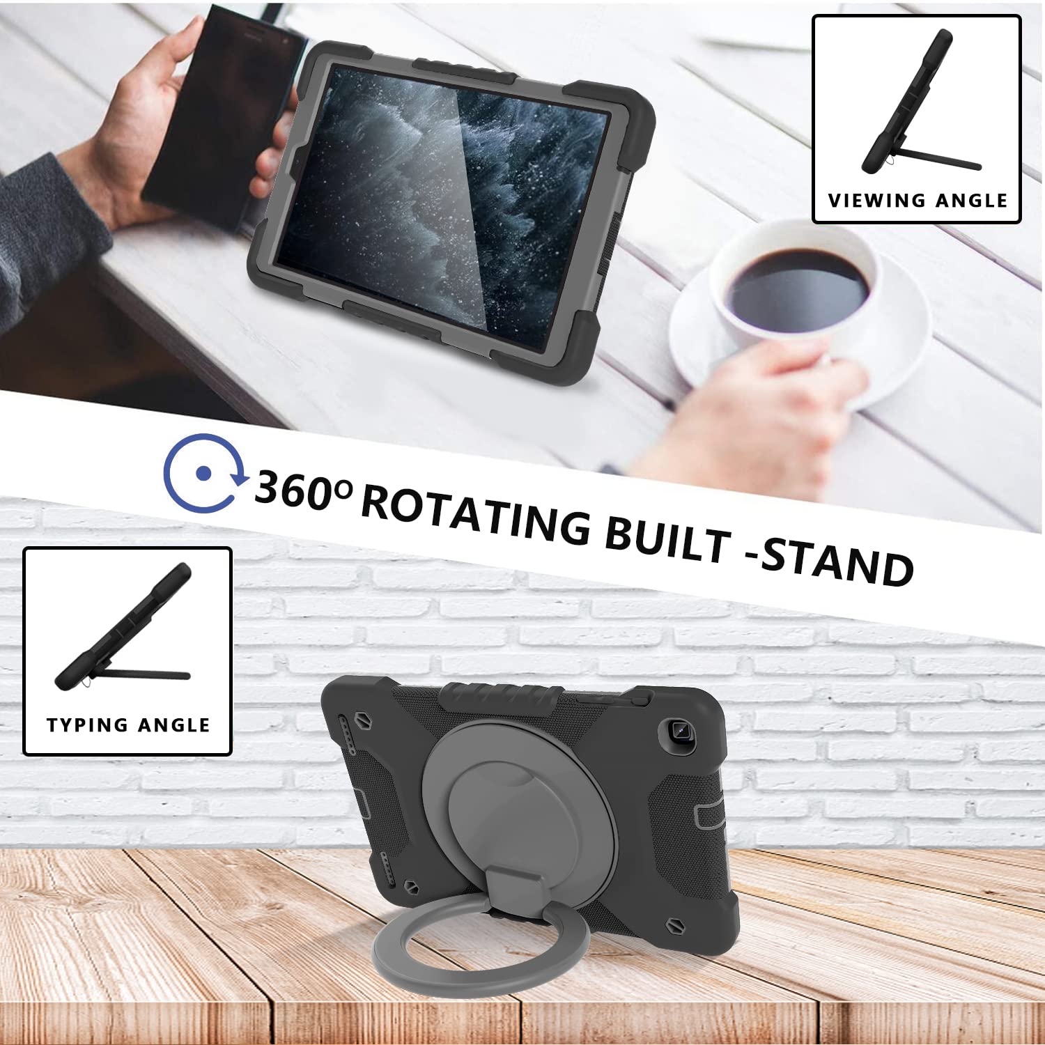 Compatibile con Samsung Galaxy Tab A 10.1 modello 2019 SM-T510 / T515, resistente custodia per tablet con supporto e manico girevoli a 360°, tracolla staccabile (design adatto ai bambini) (nero grigio