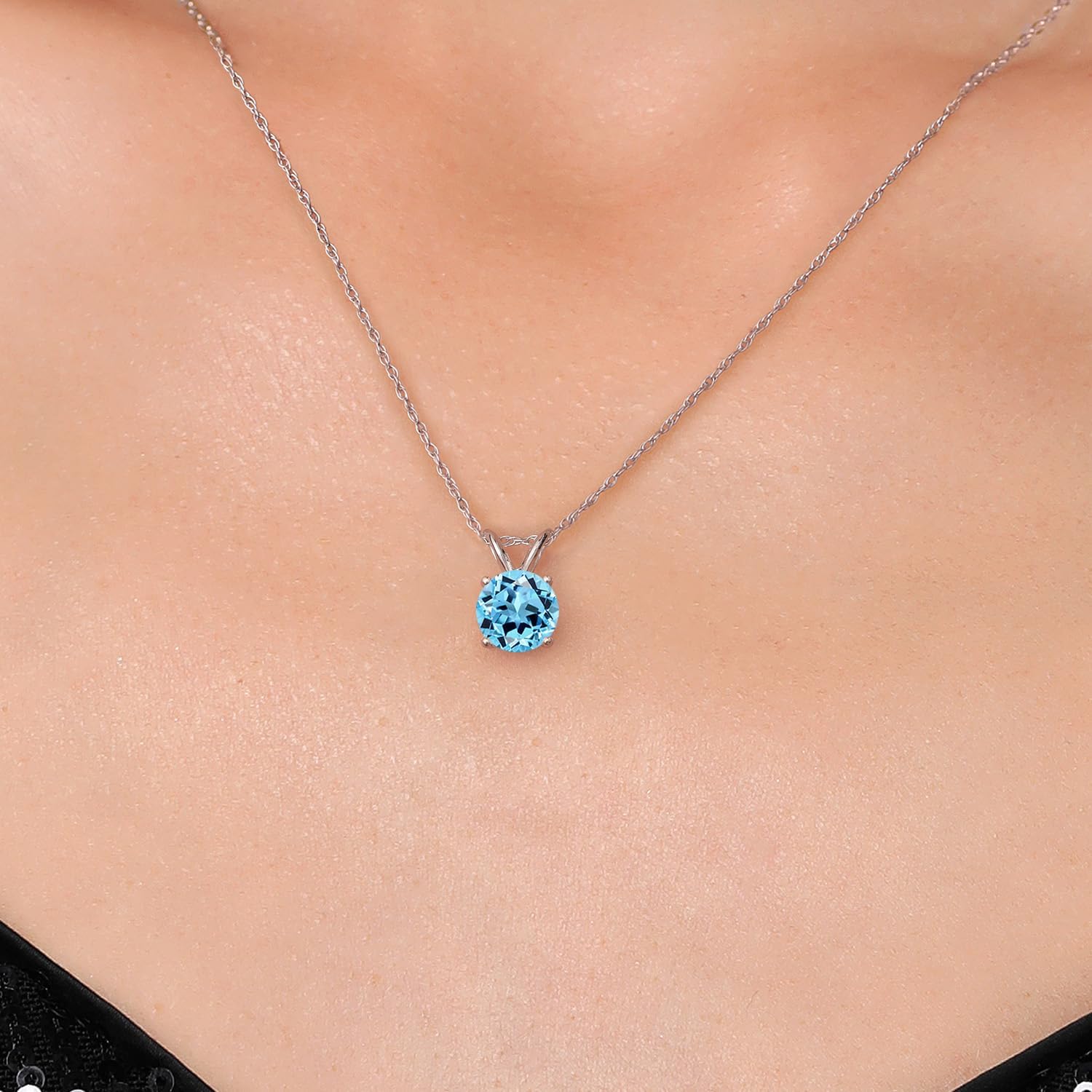 Gem Stone King 14K White Gold Swiss Blue Topaz Pendant Necklace for Women | 1.00 Cttw | Gemstone November Birthstone | Round 6MM | With 18 Inch Chain - Image 3
