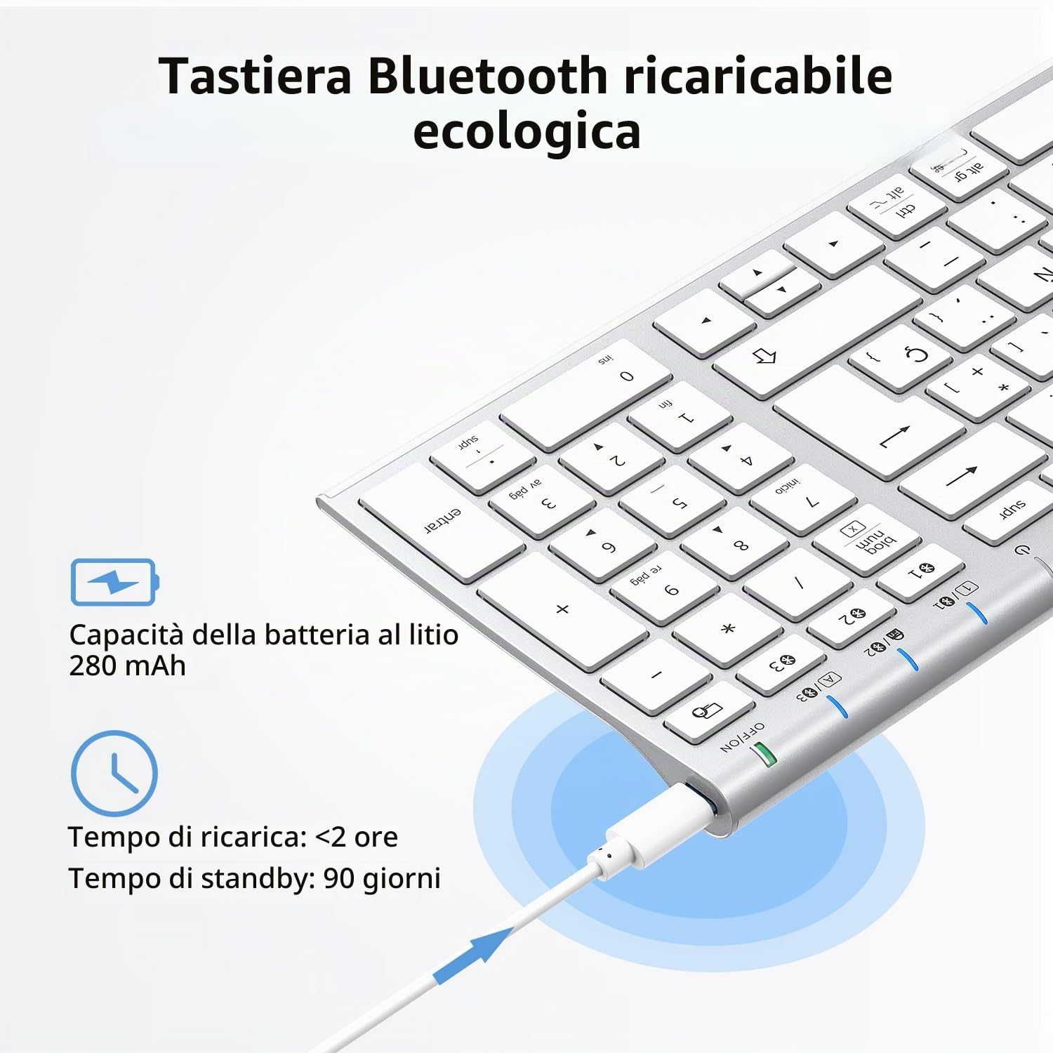 iClever BK10 Tastiera Bluetooth senza fili, tastiera QWERTY spagnola di dimensioni compatte, design ergonomico, ricaricabile, compatibile con Mac, iPad, iOS, Android, Windows 8/10/11, connessione