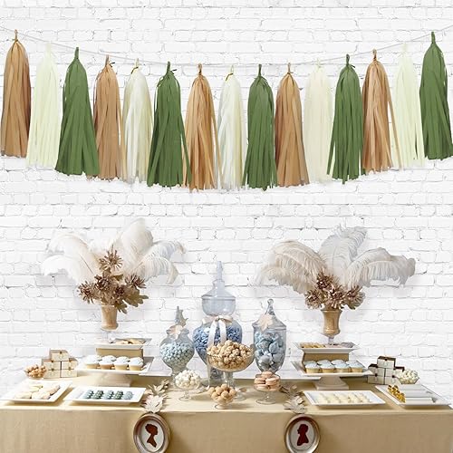 Miniatura 6 de Guirnalda de borlas verde salvia para decoración de baby shower, decoración retro verde para fiestas, safari, cumpleaños, 15 unidades