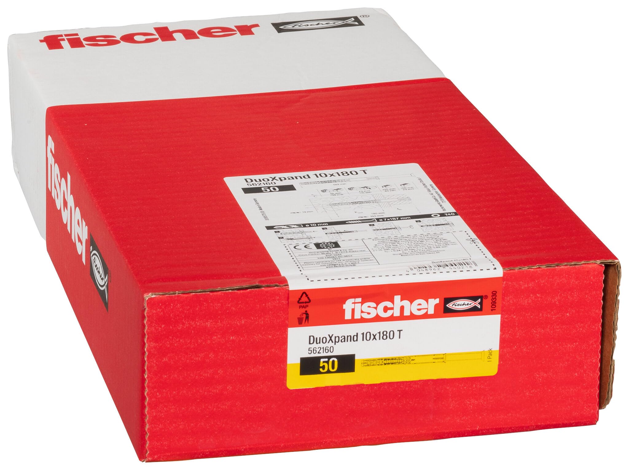 fischer DuoXpand 10 x 180 T, hochwertiger Universaldübel mit verzinkter Senkkopfschraube (50 Stk.), Dübel für starken Halt, ideal für poröse Baustoffe & randnahe Verankerungen im Innenbereich