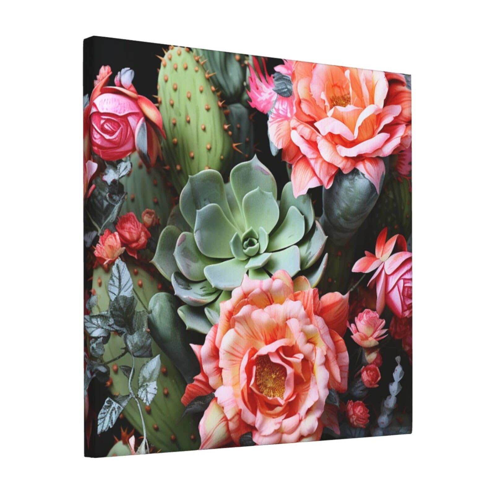 FodPand Roses Flowers and Cactus Canvas Wall Art for Living Room Wall Decor 12"x12" Modern Artwork Painting Pictures Hanging Canvas Prints Aesthetic Wall Art for Bedroom Bathroom Office Wallart Decor