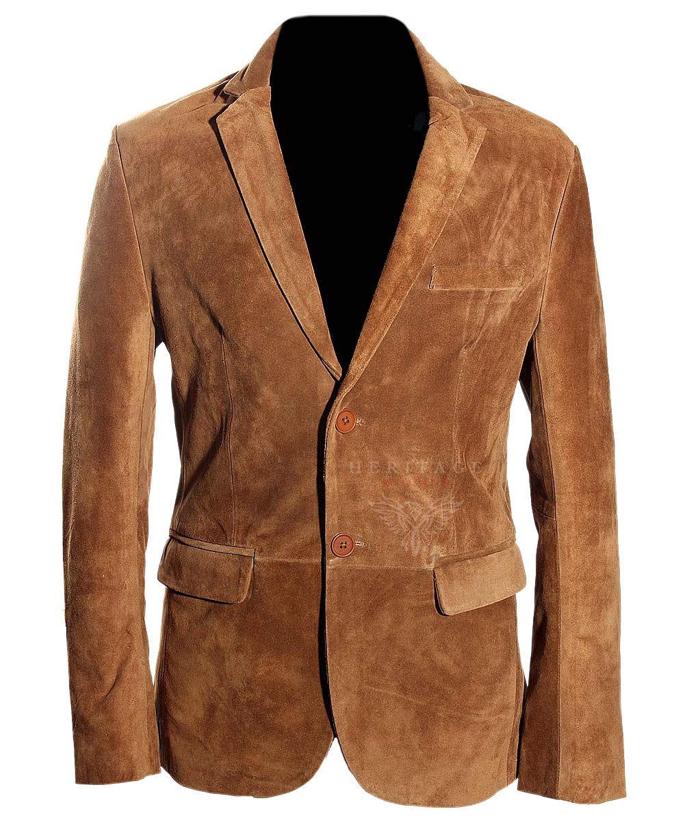 Carter Tan Men's Smart 2 Buttons Real Cowhide Suede Leather Fashion Blazer Jacket (Sizes: XS to 5XL Available) (L)