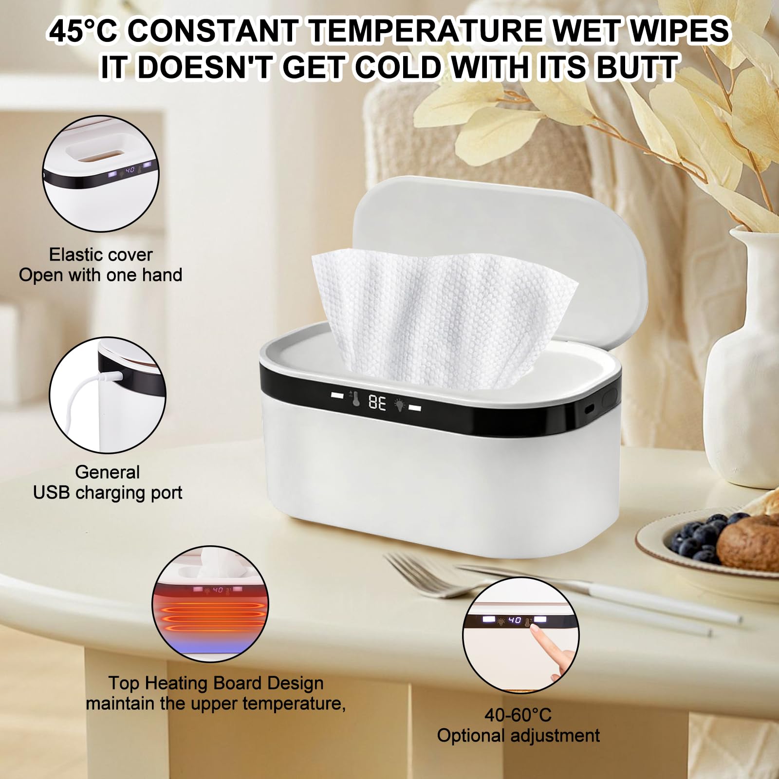 Chauffe-lingettes Bébé, Portable USB Wipes Heater, 3 Niveaux de Chauffage Rapide, Wipes Incubator for Camping, Home, Car, Travel