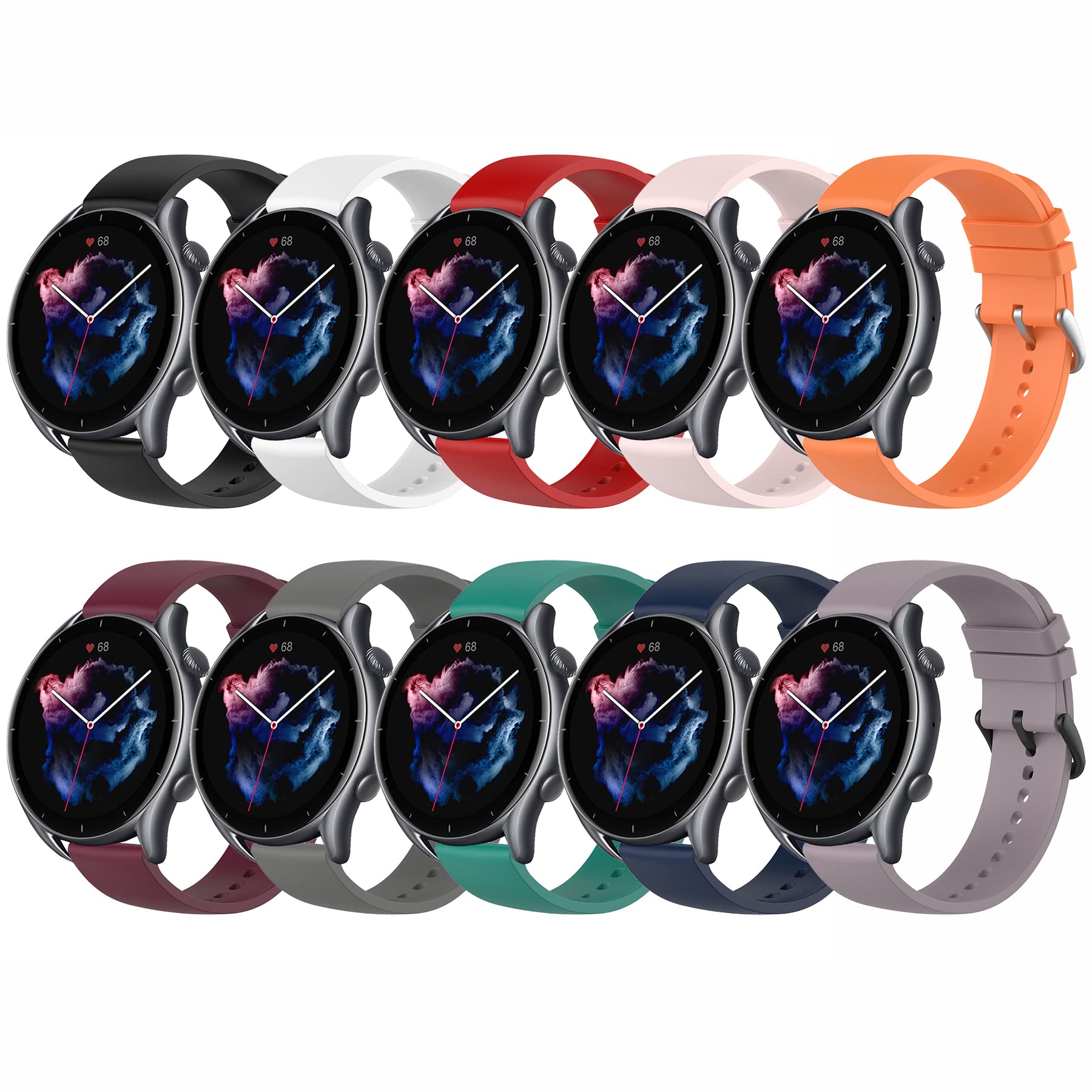 MIJOBS 10 Correas Compatibles con Amazfit Bip 5/GTR 4/GTR 3 Pro/GTR 3/GTR 2/GTR 2e/GTR 47mm, Amazfit GTR 3Pro Limited Edition, Correa Deportiva de Silicona, Compatible con Correa Reloj 22mm