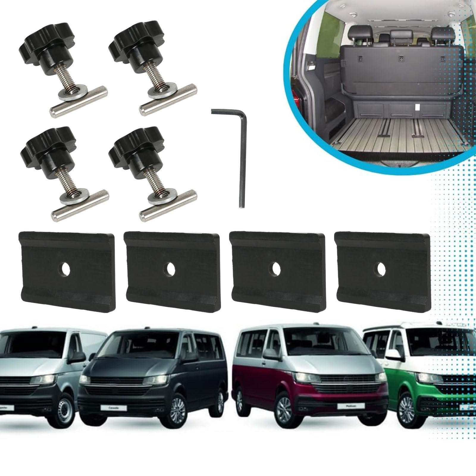 Viti per fissaggio del carico su binario + staffa guida per tavola multiflex o accessori per binari profilati, compatibili con VW T5 T6 Multivan Transporter California