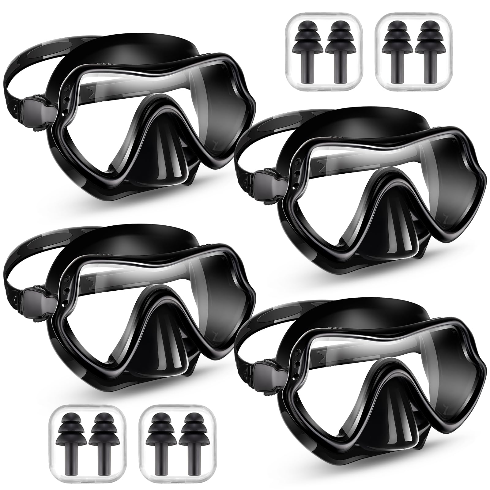 Tellegloww 4 Pcs Snorkeling Goggles for Adults Swimming Diving Mask with 4 Pair Earplugs Anti Fog Tempered Glass Diving Goggles Black Snorkel Mask with Nose Cover for Dive Swimming Pool Men Women