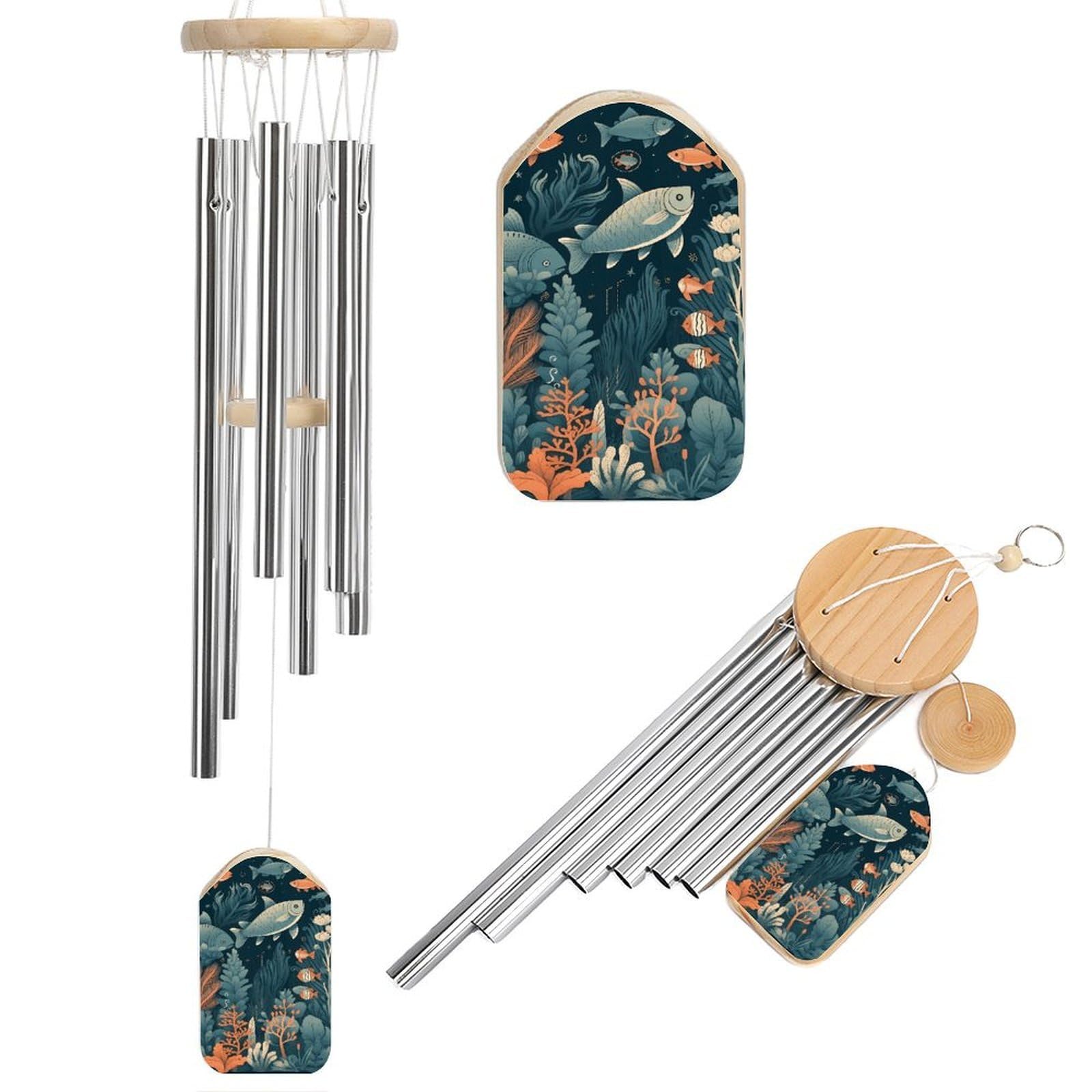 Hand Drawn Sea Animals Wind Chimes for Outside Memorial Gift Sympathy Wind Chimes Aluminum Tube Windchime with Hook Windbell for Outdoor Patio Garden Decor Housewarming Gift