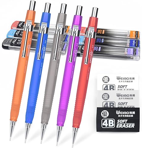 Weibo - Juego de lápices mecánicos (0.020in, mango triangular, 6 tubos, 2B, 3 gomas de borrar 4B, para escribir, dibujo, boceto)