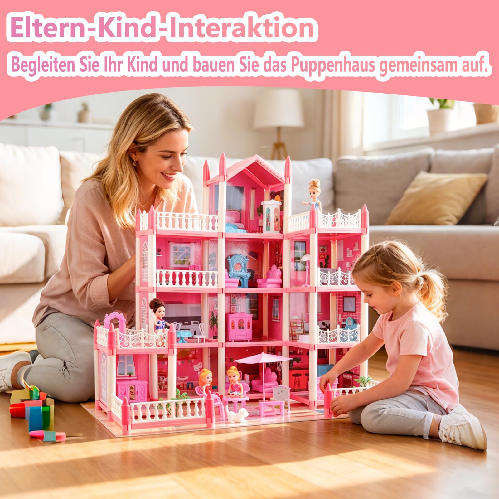Großes Puppenhaus für Mädchen von 3–12 Jahren, 11 Zimmer, Puppenhaus mit Beleuchtung, Spielmatte, Puppen, Möbeln und umfangreichem Zubehör, Kinder