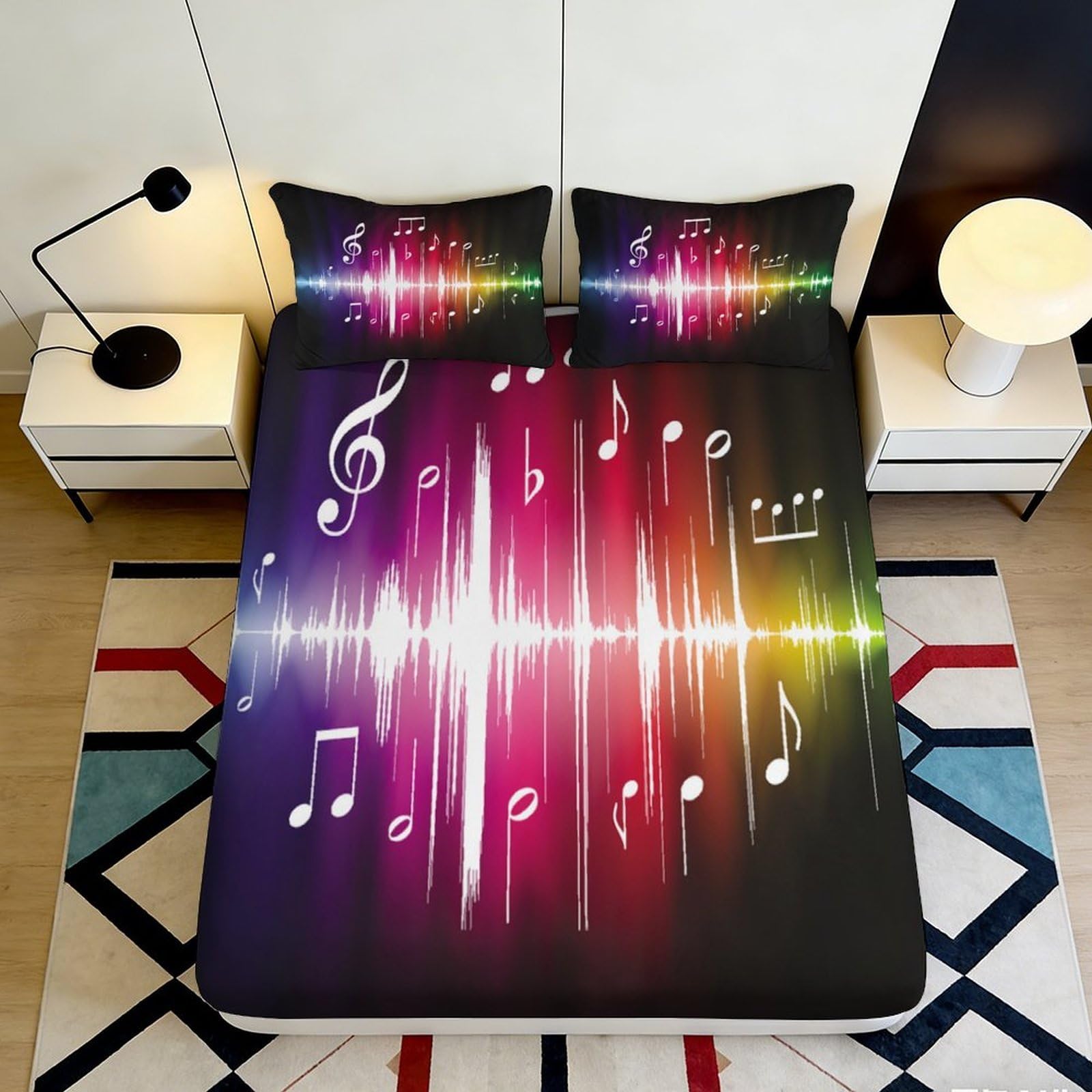Jqzkxnhpbr Style-2 3D Printed Colorful Music Wave Fitted Sheet Microfiber Soft Bedroom Bed Cover, Musical Notes Mattress Protector 90X200x25cm