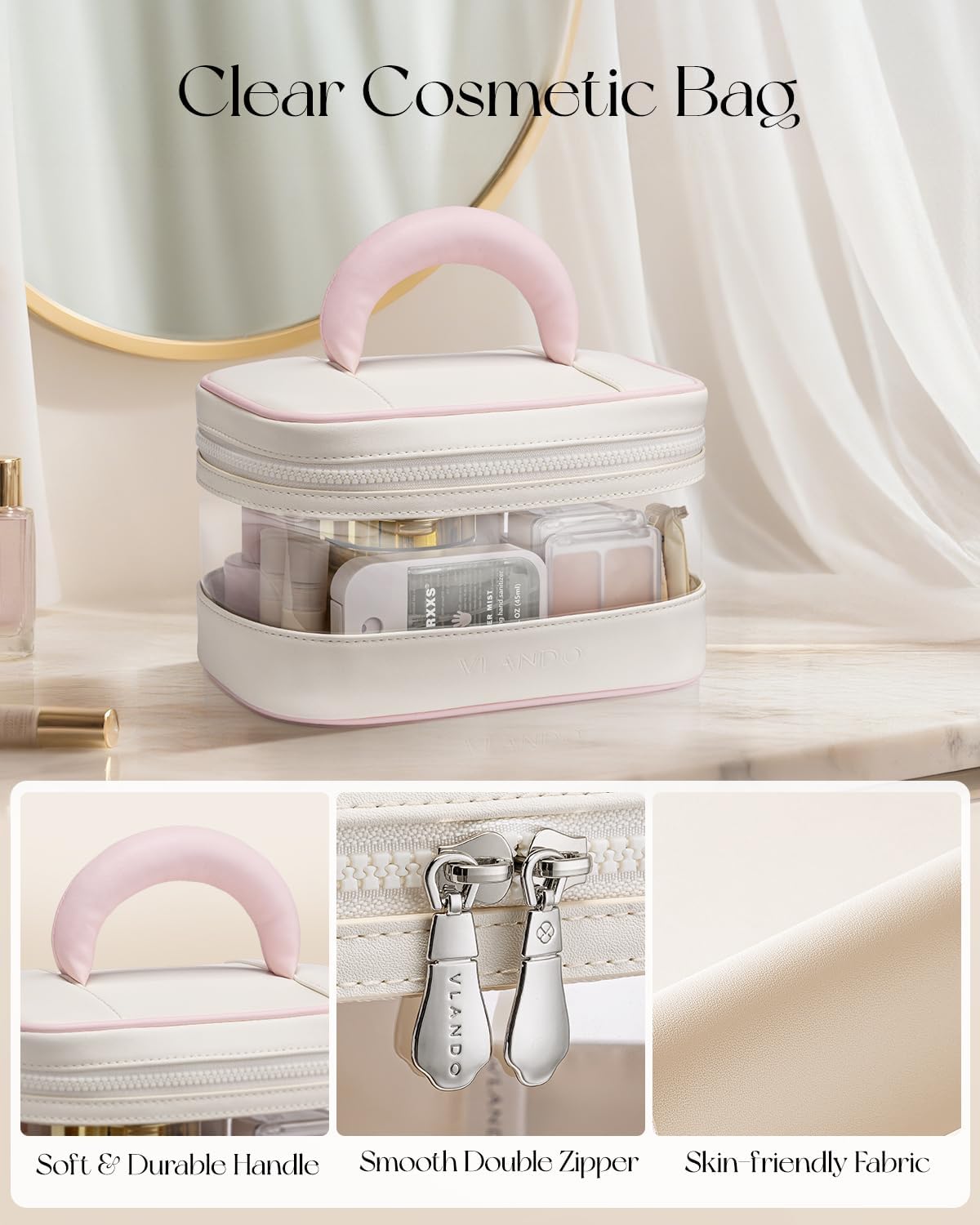 VLANDO Travel Makeup Bag, Large Travel Toiletry Bag for Women Girl, Waterproof Cute Cosmetic Bag with Handle, Clear Make up Bag for Cosmetic, Brushes, Skincare-Cream White