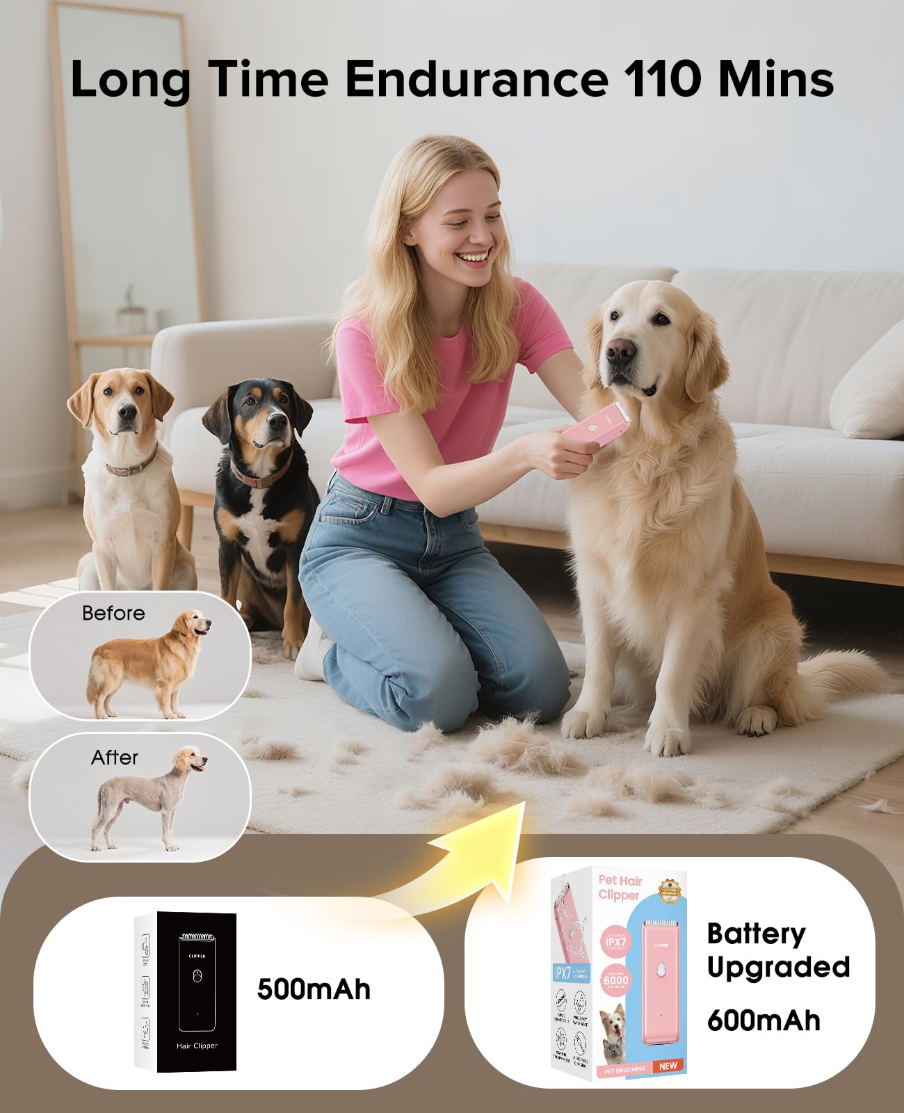 Hunde-Schermaschine für verfilztes und langes Haar, leises Haustier-Potenhaar, handlich, kabellos, wiederaufladbar, wasserdicht, Rasierset für Katzen, kleine Hunde und Tiere, Rosa