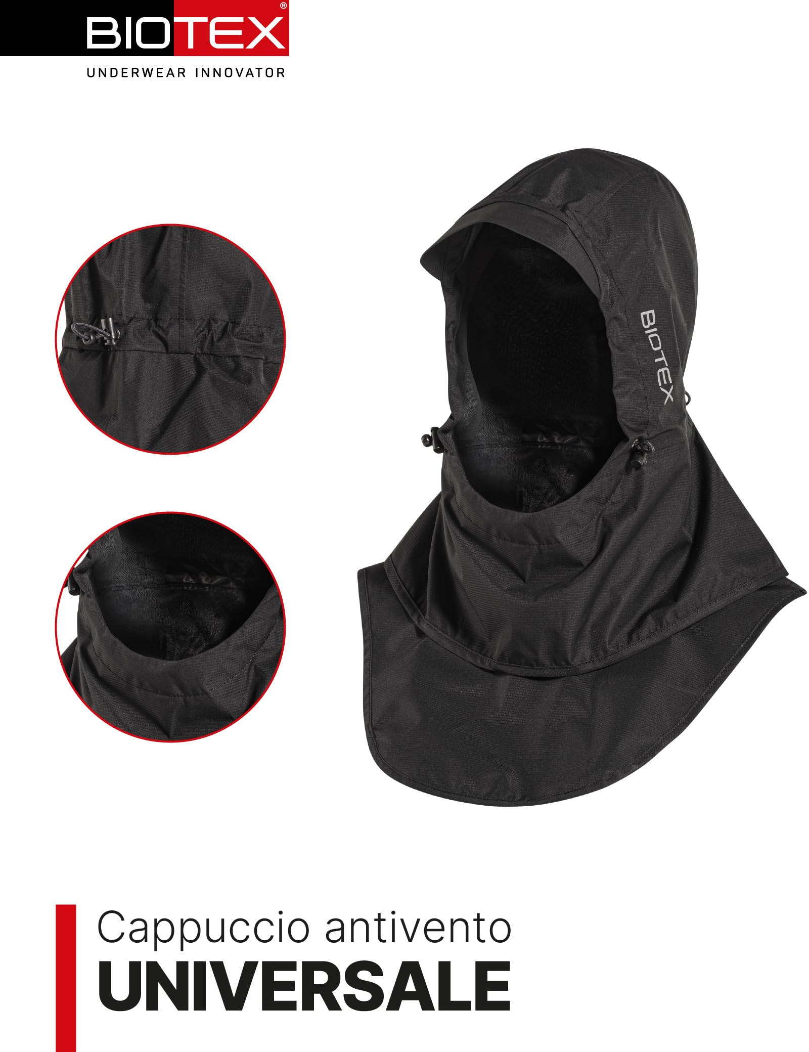 BIOTEX Capuchon universel BlockRain Unisexe, Anti-pluie et Coupe-vent, Idéal pour tout sport, Portable, Noir, Noir , Taille Unique