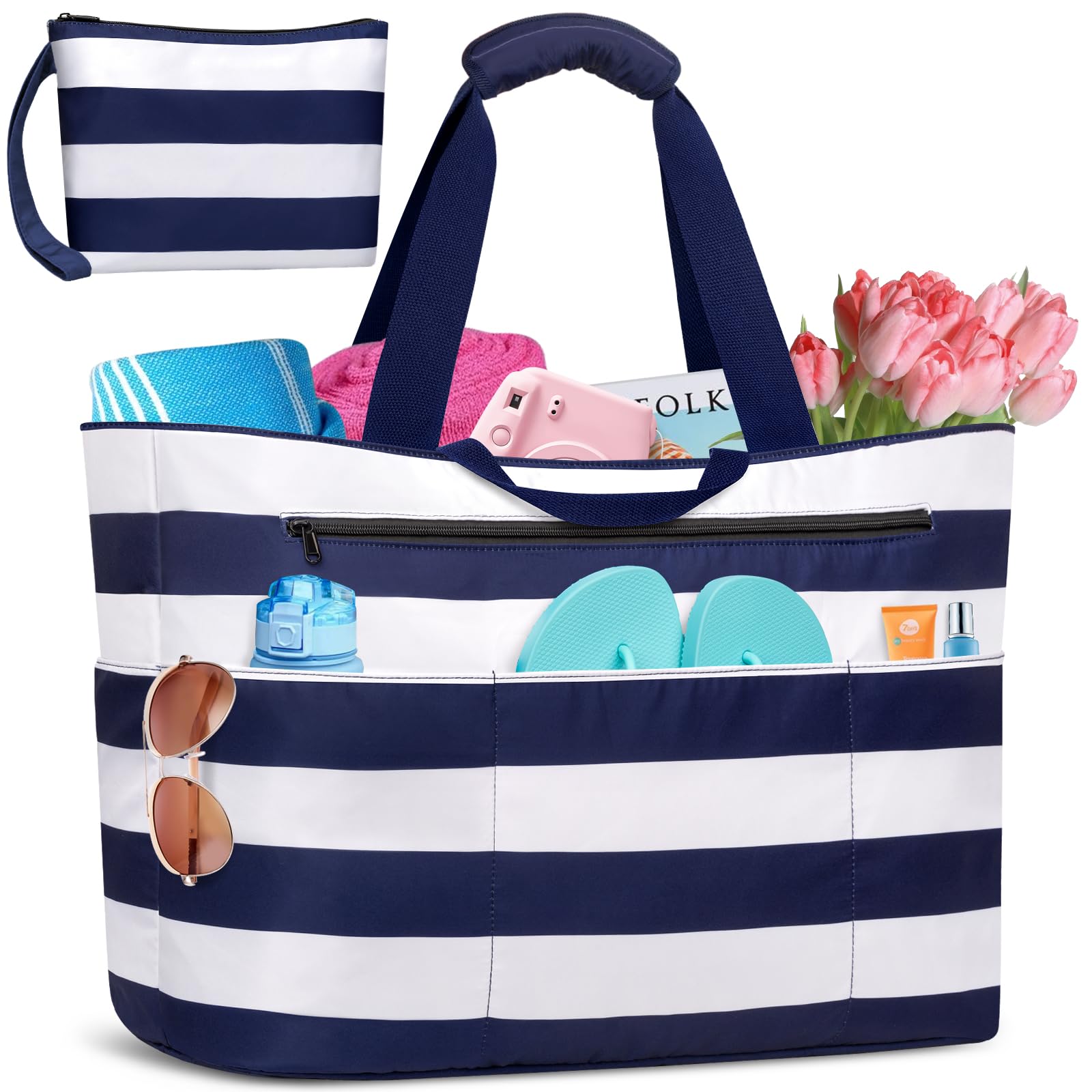 Bolsa de Playa Grande XXL con Cremallera Bolso Playa Familiar 50L Impermeable Bolso de Viaje Mujer Plegable Beach Tote Bag con 14 Bolsillos Shopper para Piscina Picnic Gimnasio (Azul Rayas)