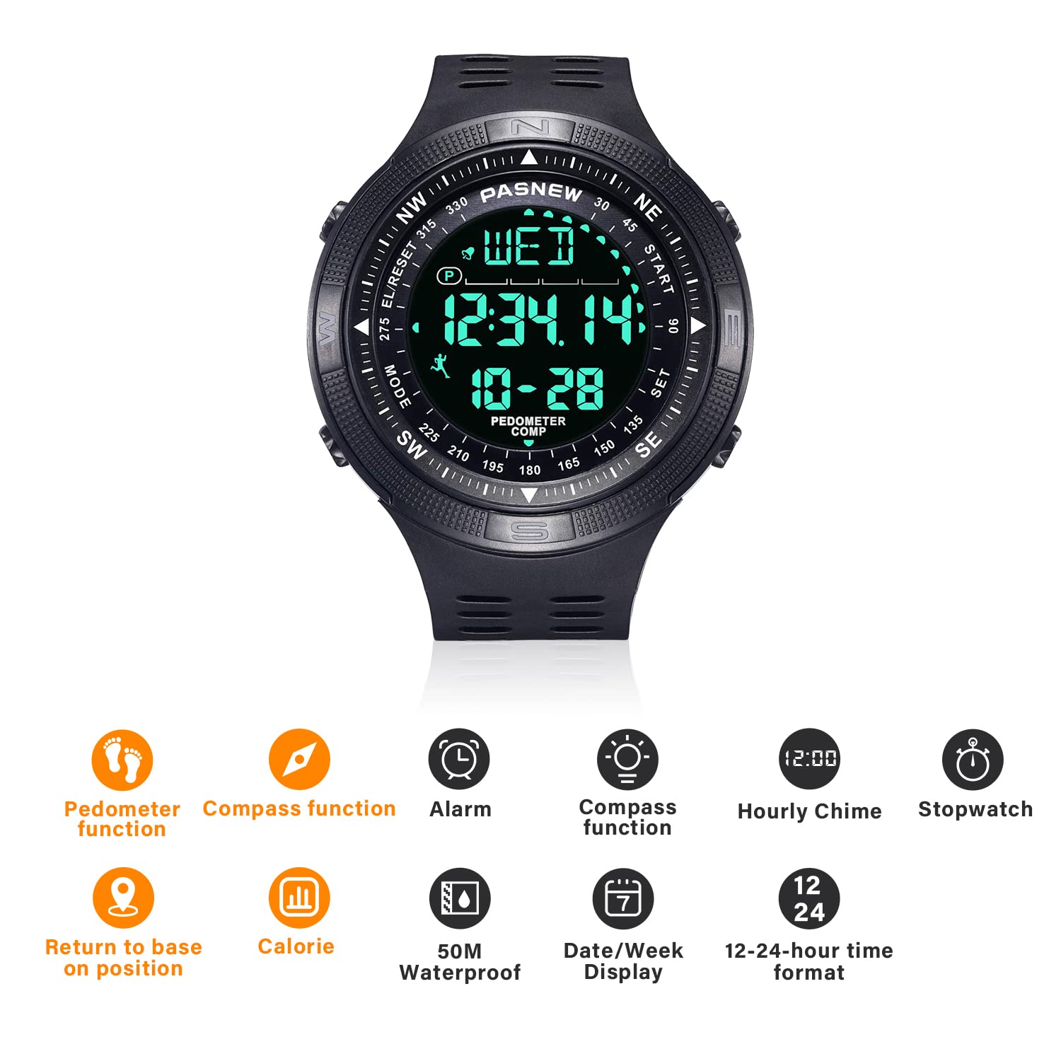 PASNEW Orologio per bambini,Orologio impermeabile sportivo per ragazzi,Orologio da esterno con calendario di allarme a LED 50M,Orologi con luminoso
