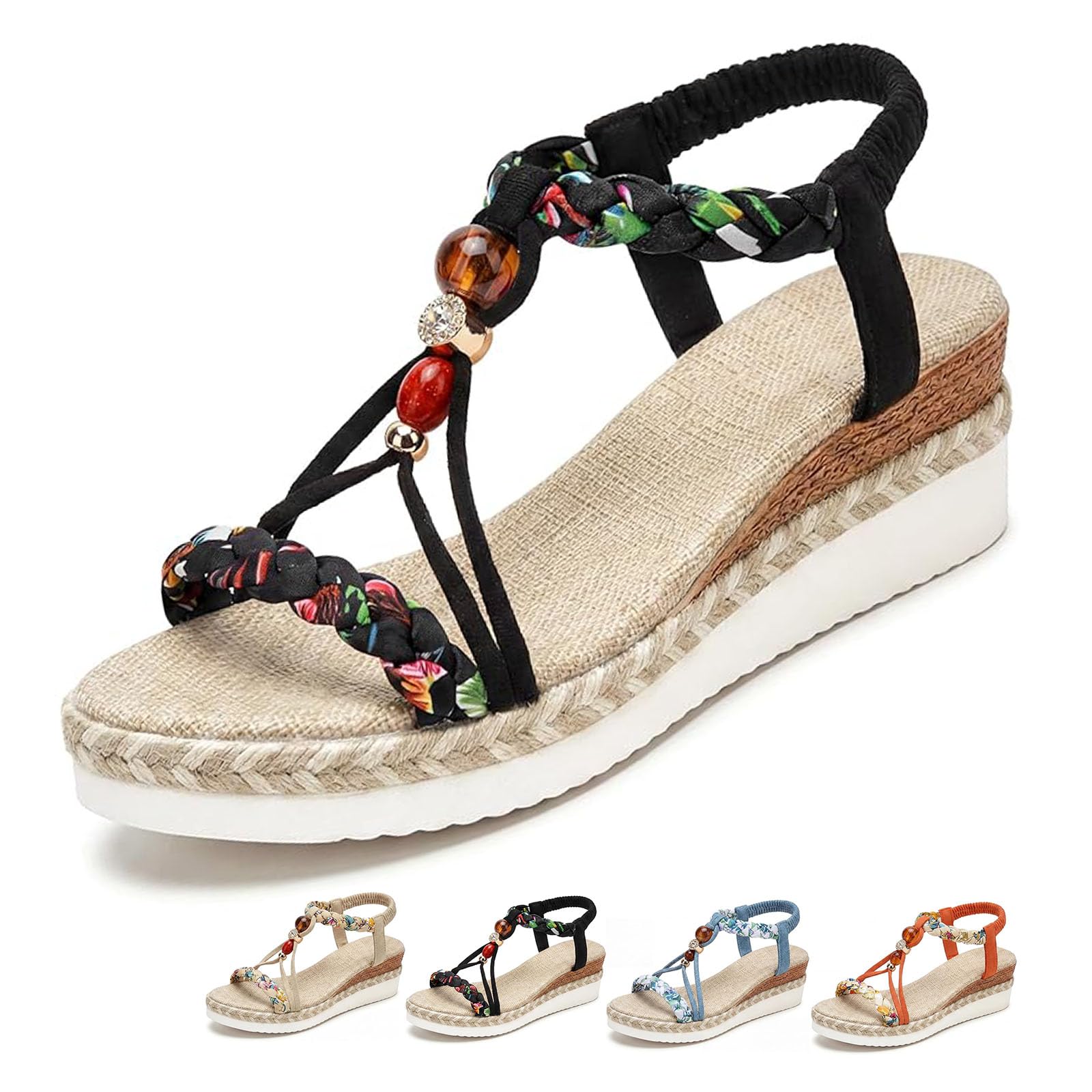 Sandali con zeppa bohémien da donna, sandali con zeppa aperta con strass, sandali estivi alla caviglia elastici in tessuto bohémien, comode scarpe da vacanza