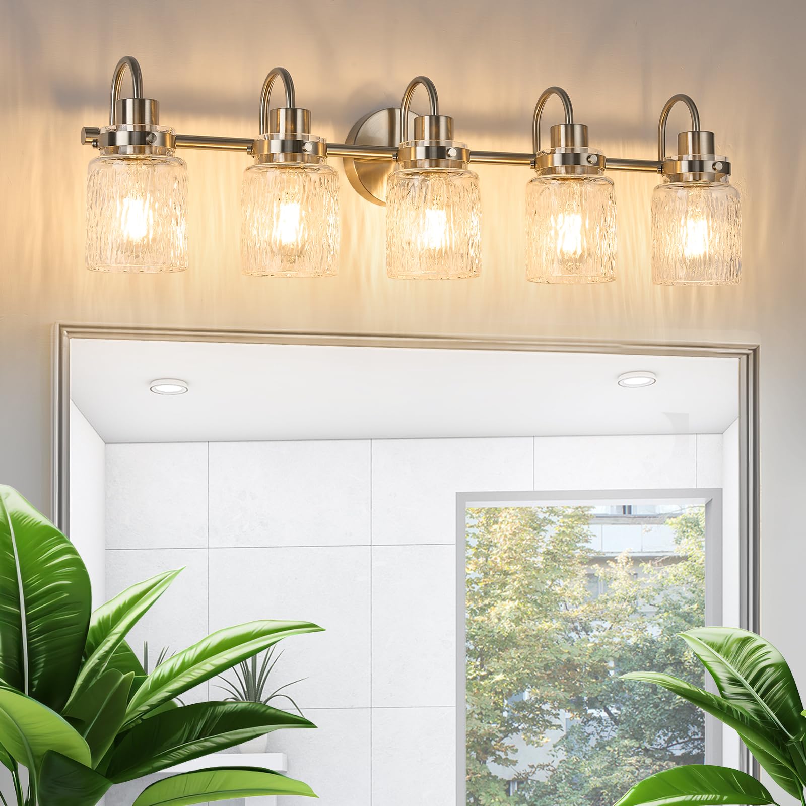 5 Lights Hammered Glass Bathroom Vanity Light,Brushed Nickel
