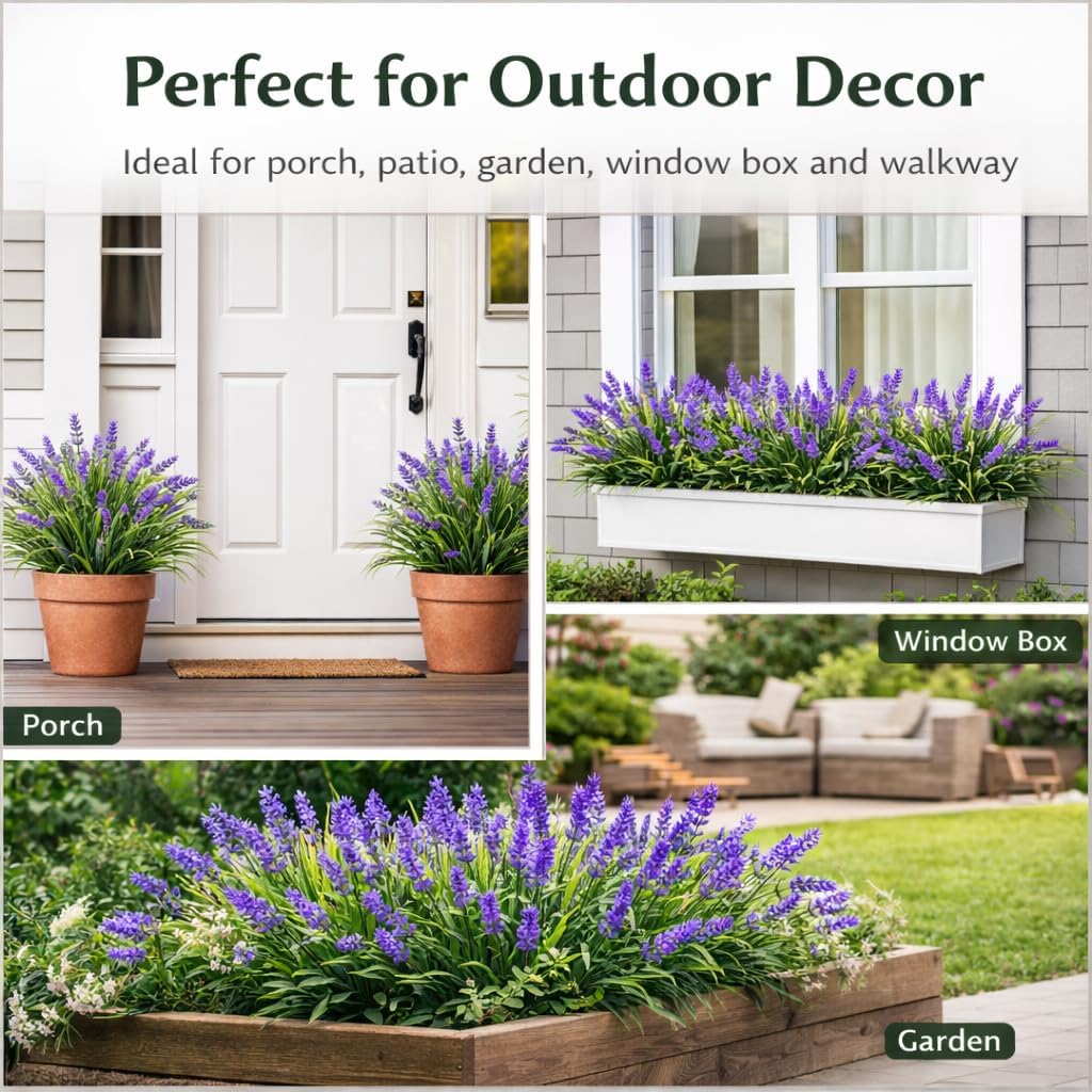 Artificial Lavender Flowers Outdoor, 8 Bundles UV Resistant Fake Plants, Adjustable Stems Faux Lavender Bush for Garden Porch Window Box Home Decor (Set of 8/12)
