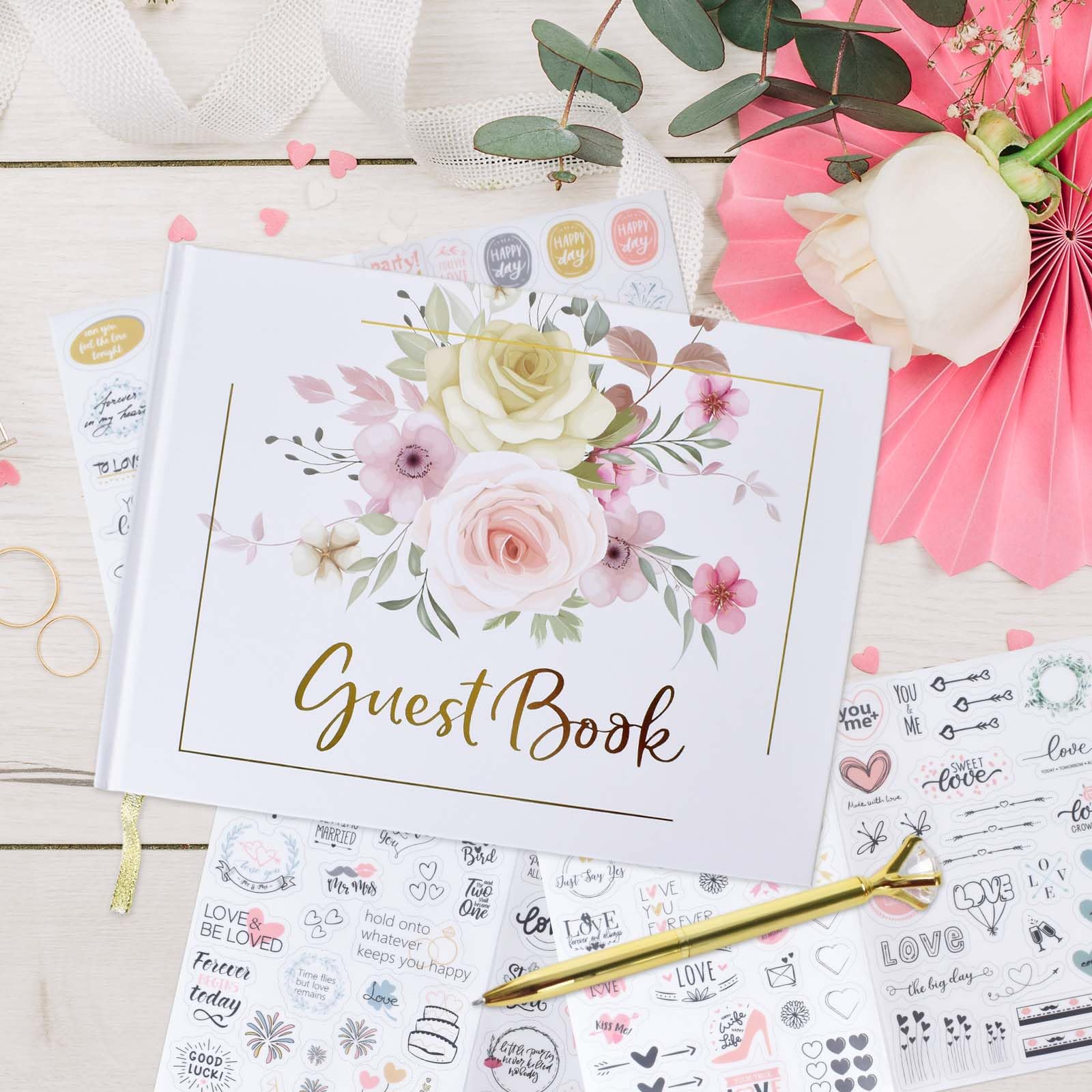 Libro de Firmas Boda, Libro de Invitados Boda con Portada Rígida con Pluma y 4 Pegatinas, para Celebraciones Elegantes y Álbum de Fotos DIY