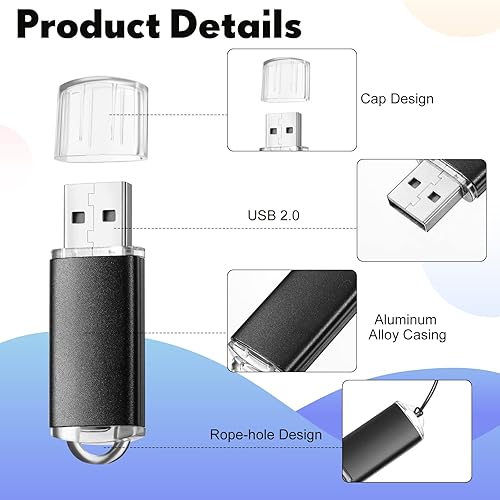 Miniatura 3 de Hoteam 50 unidades flash USB 2.0 a granel, unidad USB portátil con 50 cordones negros, cubierta protectora USB unidades flash para almacenamiento de