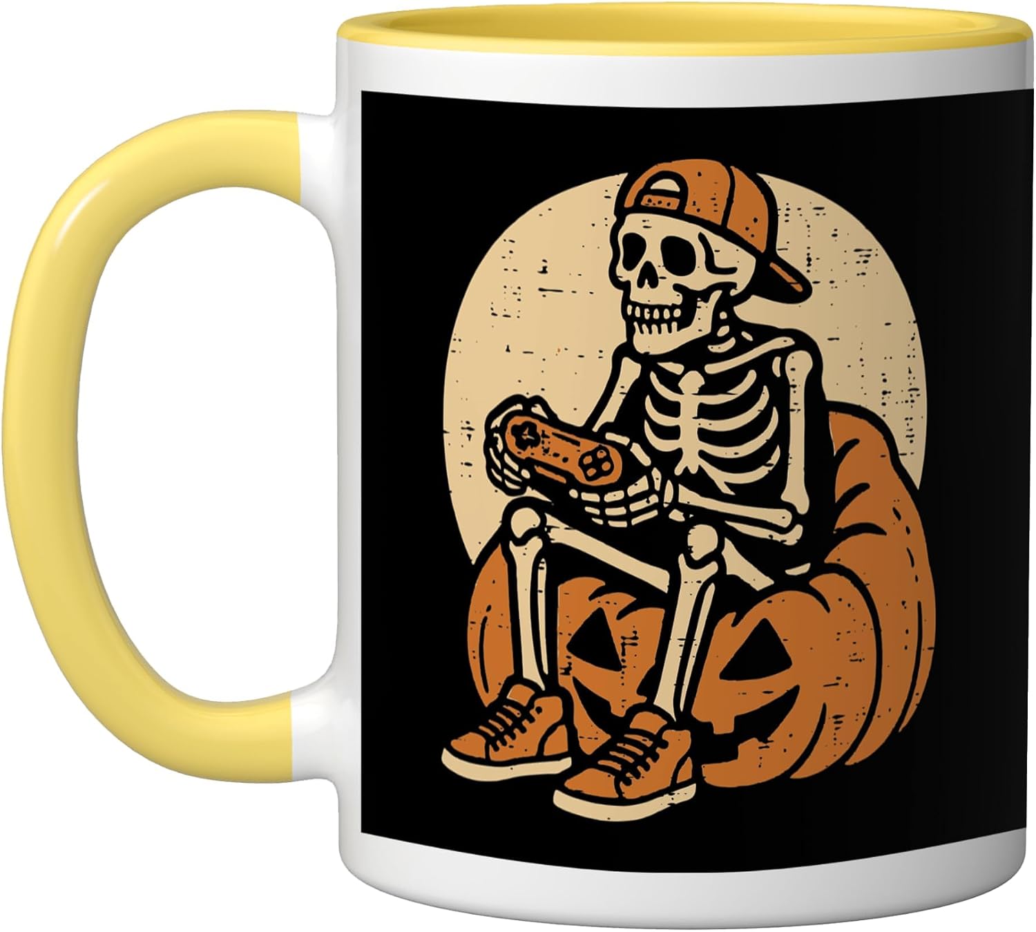 Halloween Gamer Skeleton Pumpkin Gaming Costume Men Boy Kids Ceramic Mug, Yellow/White, 11oz