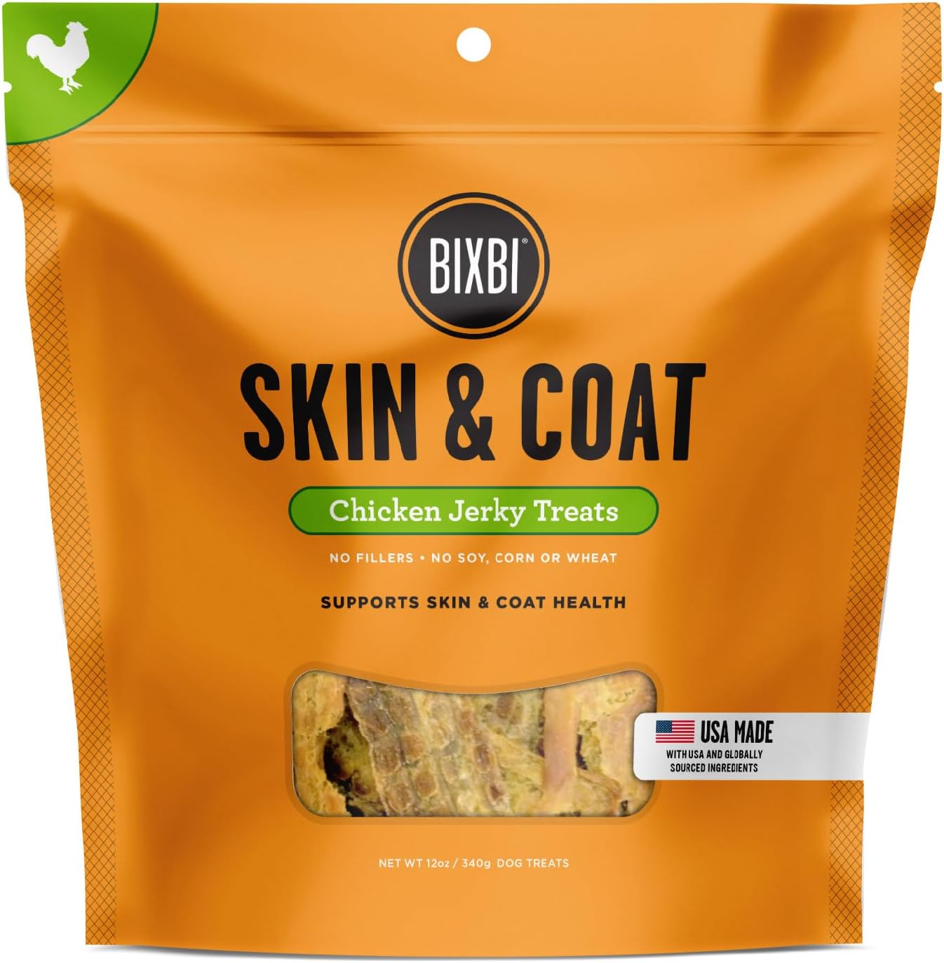 BIXBI Skin & Coat Dog Jerky Treats, Chicken, 15 Ounce