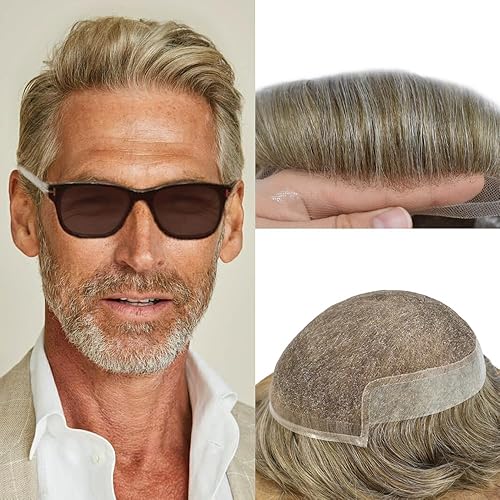 Vista 132 de Mens Toupee Remy sistema de cabello humano para hombres nudo blanqueado tupé pieza de pelo para hombres encaje francés tupé para hombres postizo 7X9