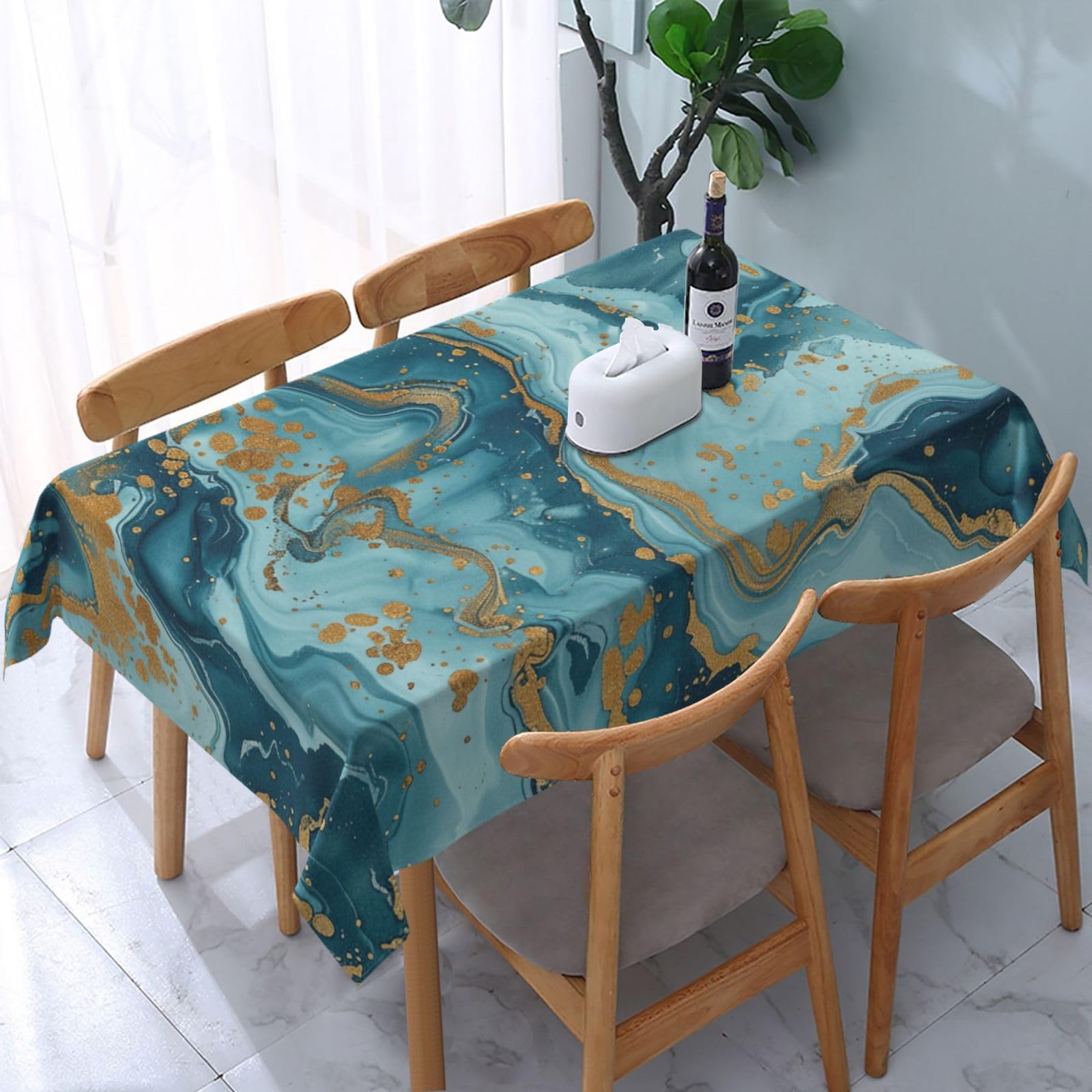 WPKJU Azurite Teal and Foil Gold Oil Marble Pattern Printed Tablecloth Water Resistant Table Cover Washable Rectangle Table Cloth for Tables 54x72 in