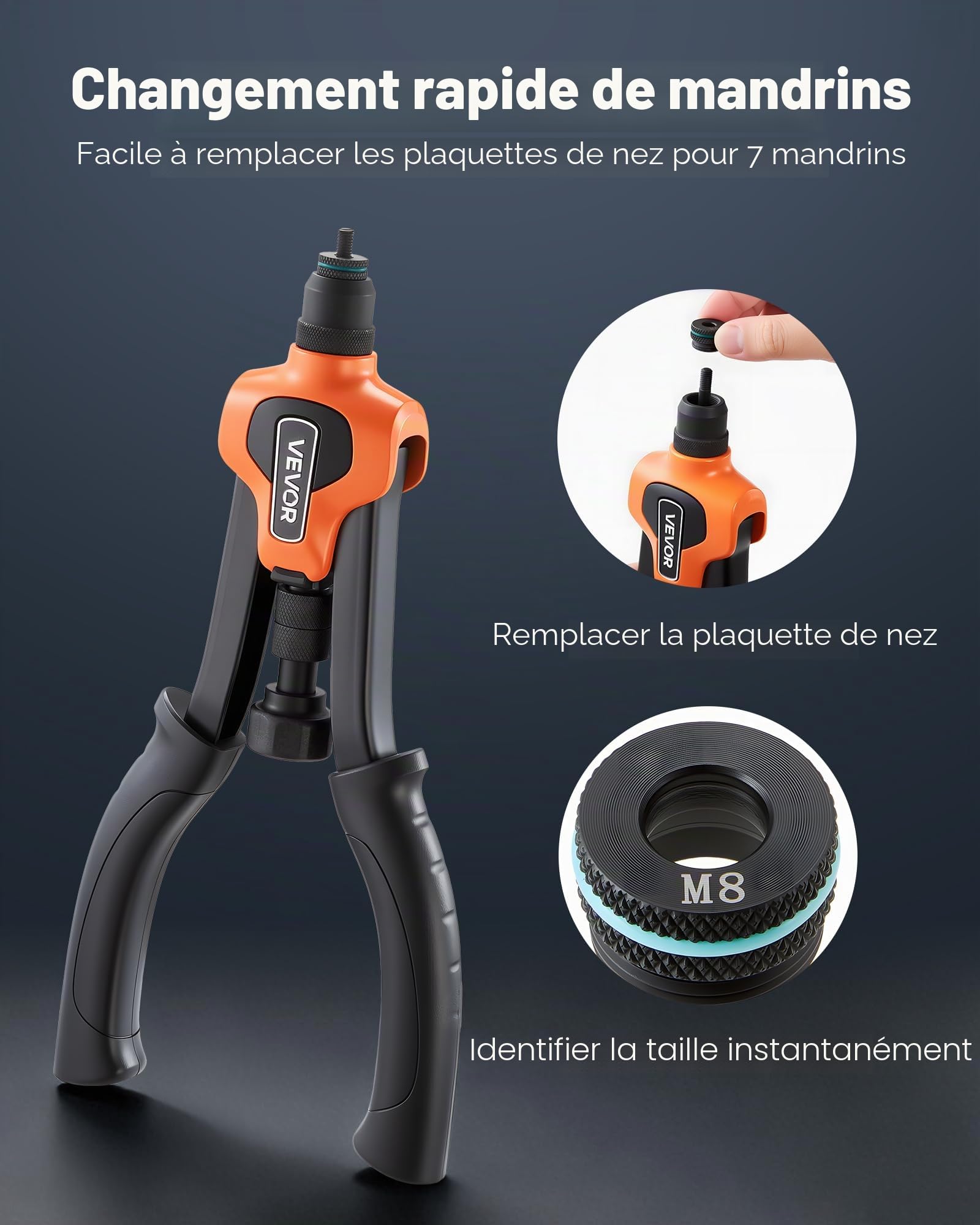 VEVOR Riveteuse Manuelle 34 cm, Kit d'Outils à Riveter Complet, pour Bricoleur Installation et Réparation Maison, Pince à Écrous à Sertir avec 7 Mandrins Métriques et SAE, 70 Écrous, avec Mallette