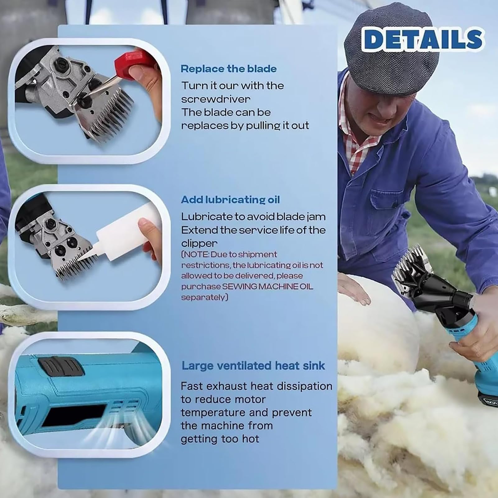 Esquiladora Eléctrica 600W, Máquina Esquiladora Inalámbrica de 13 Dientes con 6 Velocidades Ajustables y 2 Baterías, Cortadora de Lana para Ovejas, Cabras, Ganado y Otros Animales de Granja 1 Battery