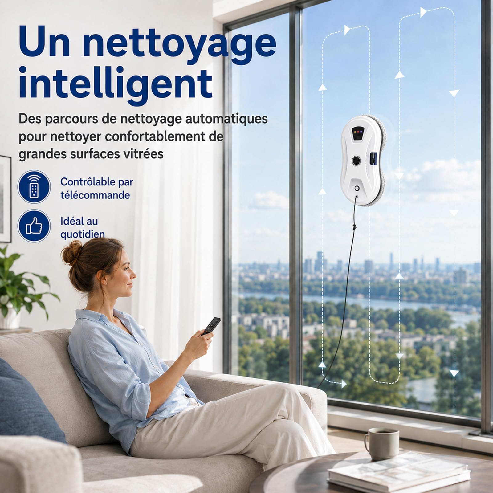 Robot Clean Osmo Vitre – Nettoyeur Auto Forte Aspiration + Jet Eau | Télécommande, 3 modes de nettoyage, navigation intelligente, détection des bords, nettoyage humide/sec automatique.