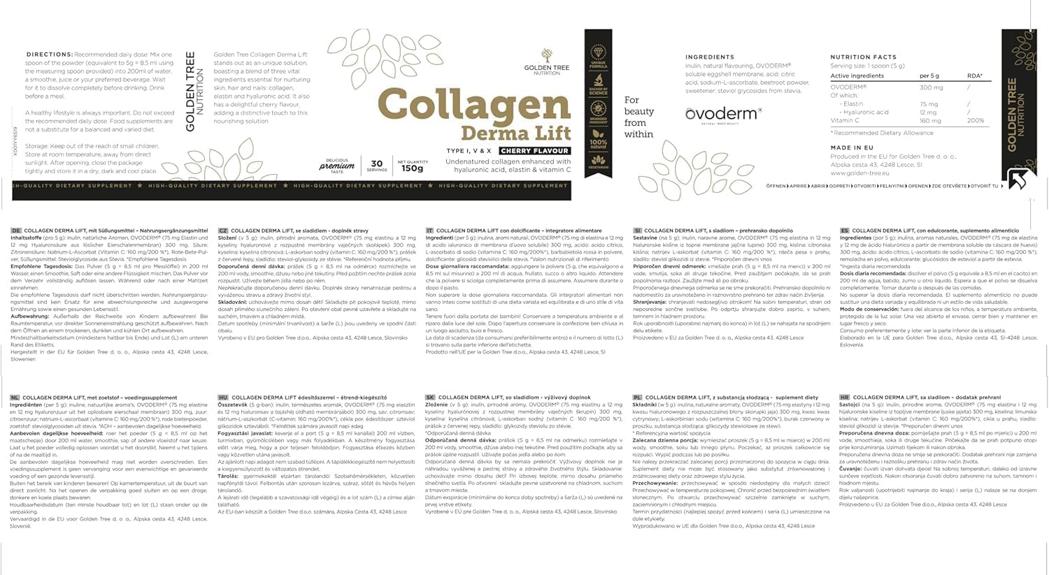 Golden Tree Collagen Derma Lift – Colágeno en Polvo, 150 g | Membrana de Cáscara de Huevo, Ácido Hialurónico, Elastina y Vitamina C, Complemento de Colágeno, Con Tipos I, V y X