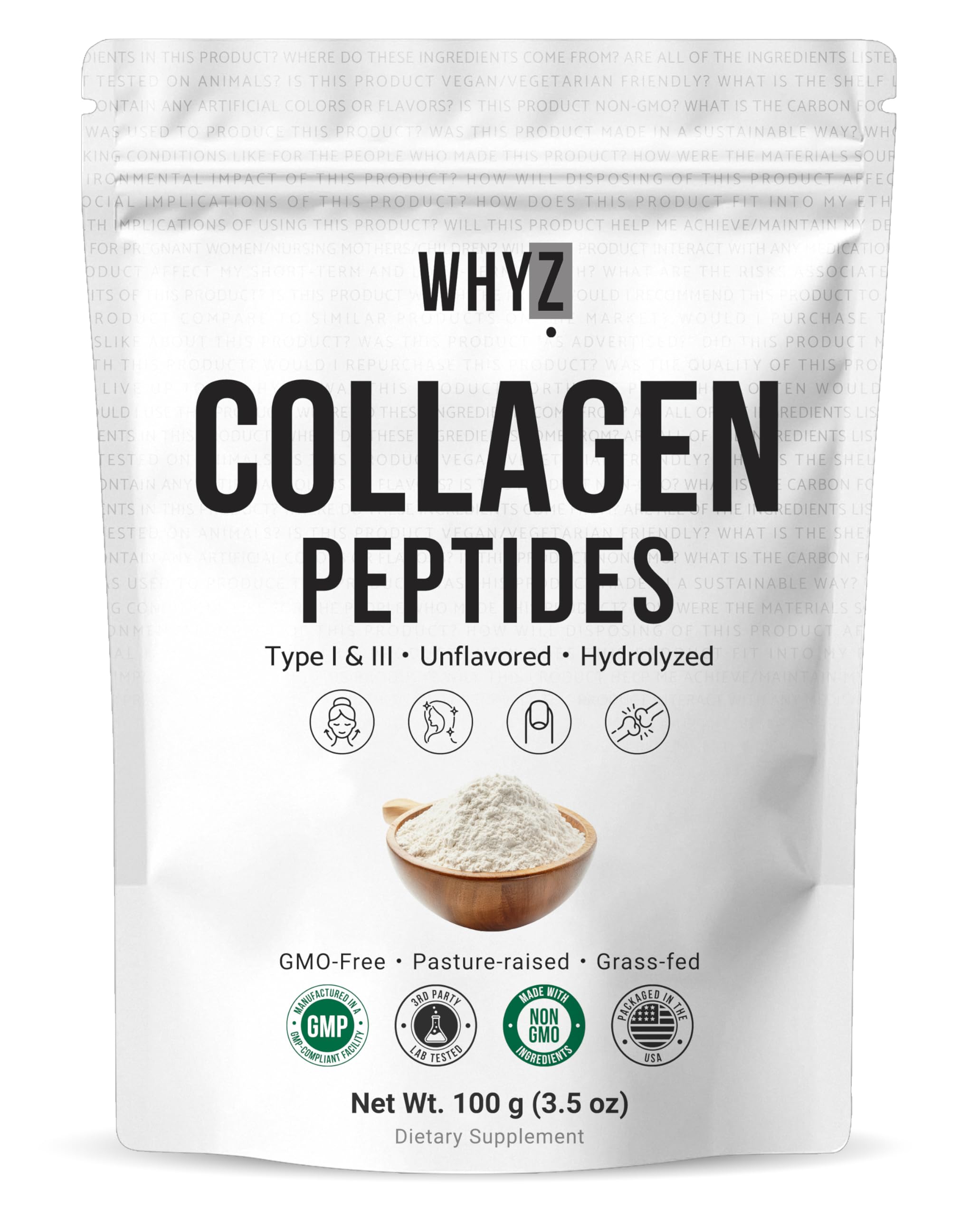 Bovine Collagen Peptides Powder Hydrolyzed Type I III Protein Grass-Fed Pasture-Raised Source Unflavored Collagen Supplement Paleo-Friendly for Active